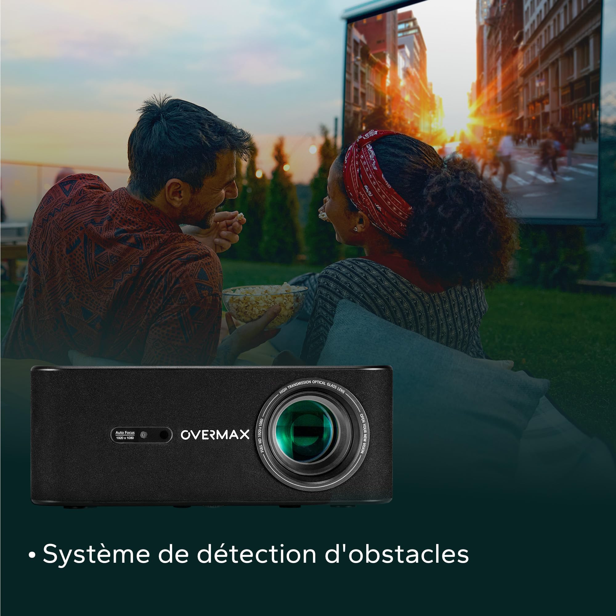 Projecteur Overmax 4K Full HD 1080P Multipic 5.2, Google TV, Wi-FI et Bluetooth, Correction trapézoïdale Automatique à 30°, Zoom électrique, Miracast et Rotation à 360°, écran jusqu'à 200