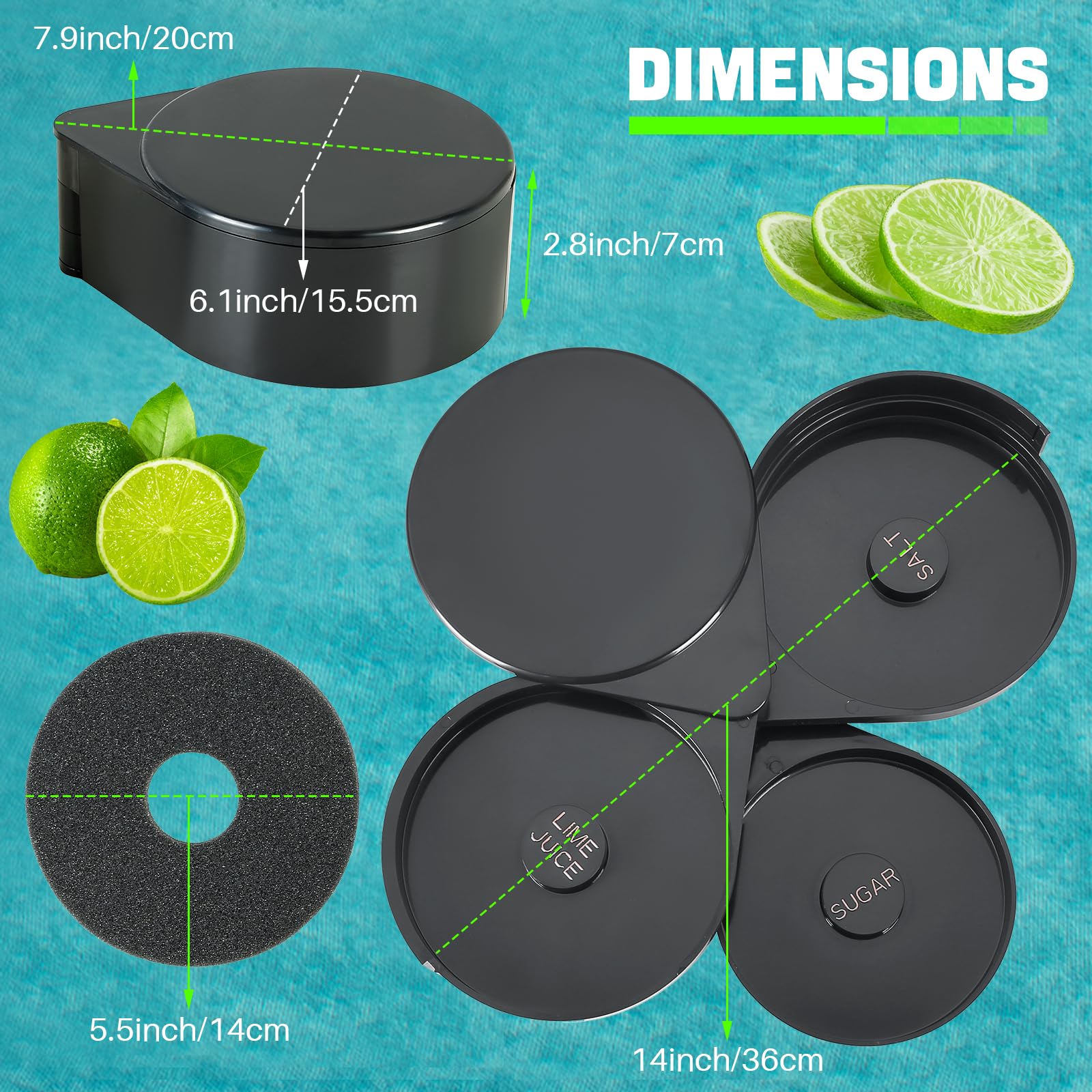 DASBET Rimmer in vetro a 3 livelli, 1 confezione di utensili da barista con 3 vassoi estraibili, spugna inclusa, scatola in plastica nera per sale e zucchero e succo di lime, per margarita, cocktail e