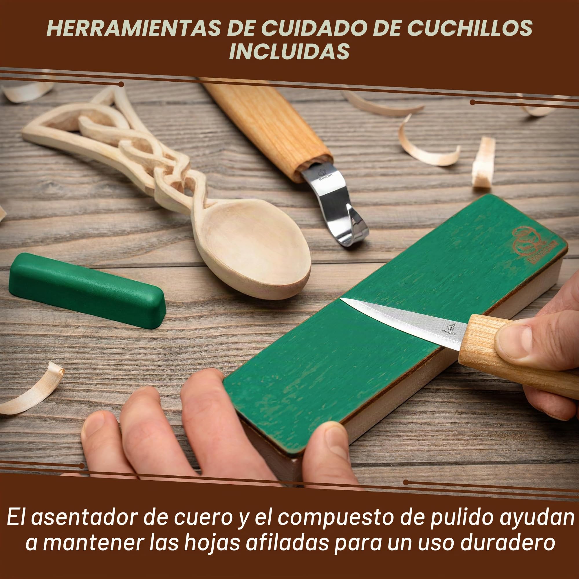 BeaverCraft Kit de Tallado de Cucharas en Madera para Principiantes DIY04 – Incluye Cuchillos Sloyd y de Gancho, Bloque de Tilo – Kit de Manualidades para Adultos y Niños