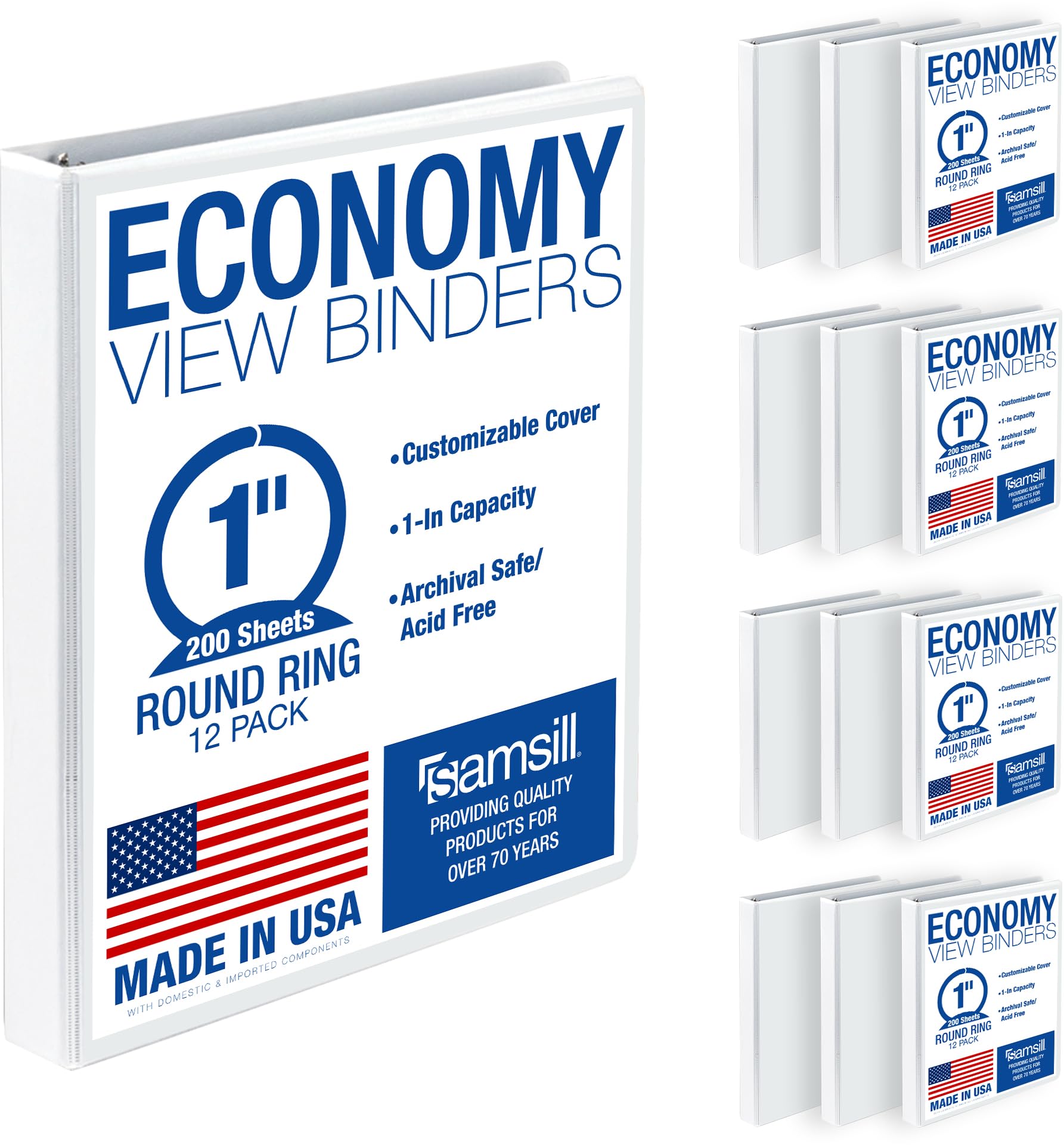 Samsill 1 Inch 3 Ring Binders, Economy Round Ring, Clear View Cover, 200 Sheet Capacity - for School, Home, Office - White, 12 Pack
