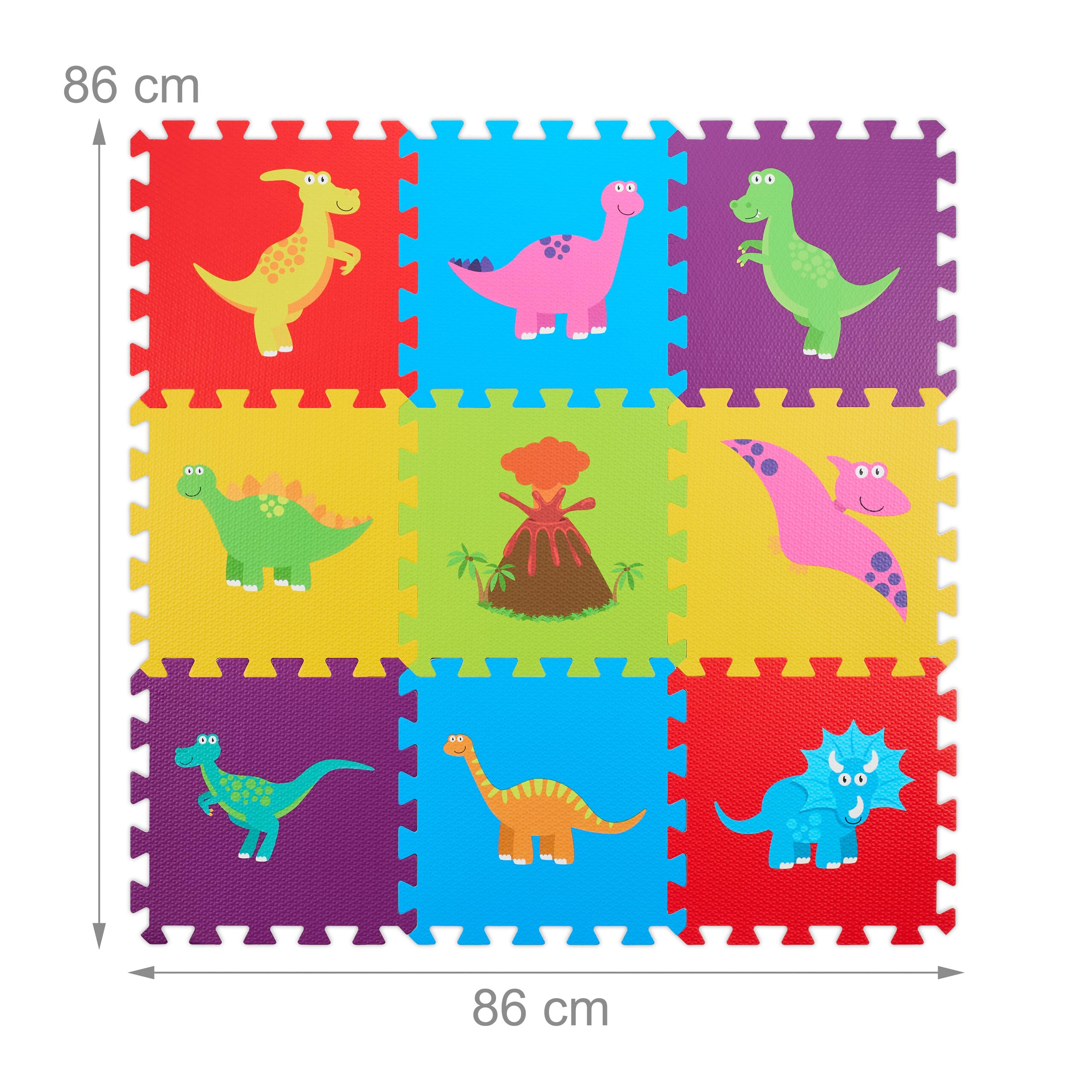 Relaxdays Dywan puzzle, mata do zabawy 3 x 3, dinozaury, mata do raczkowania, guma piankowa bez BPA, wielokolorowa, 86 x 86 cm