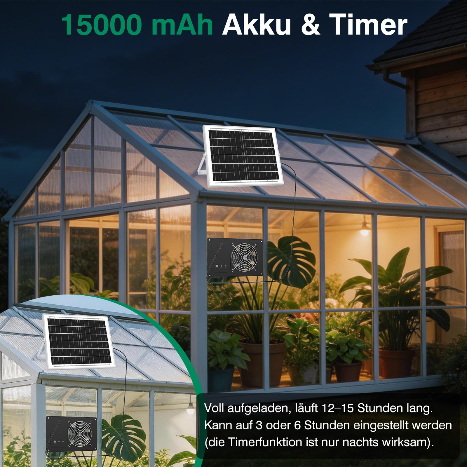 Ventilatore solare con batteria da 15000 mAh e timer, 25 W, 3500 giri/min, ventola di scarico solare ad alta velocità, silenziosa e impermeabile, per pollaio, serra, capanno e casa di animali