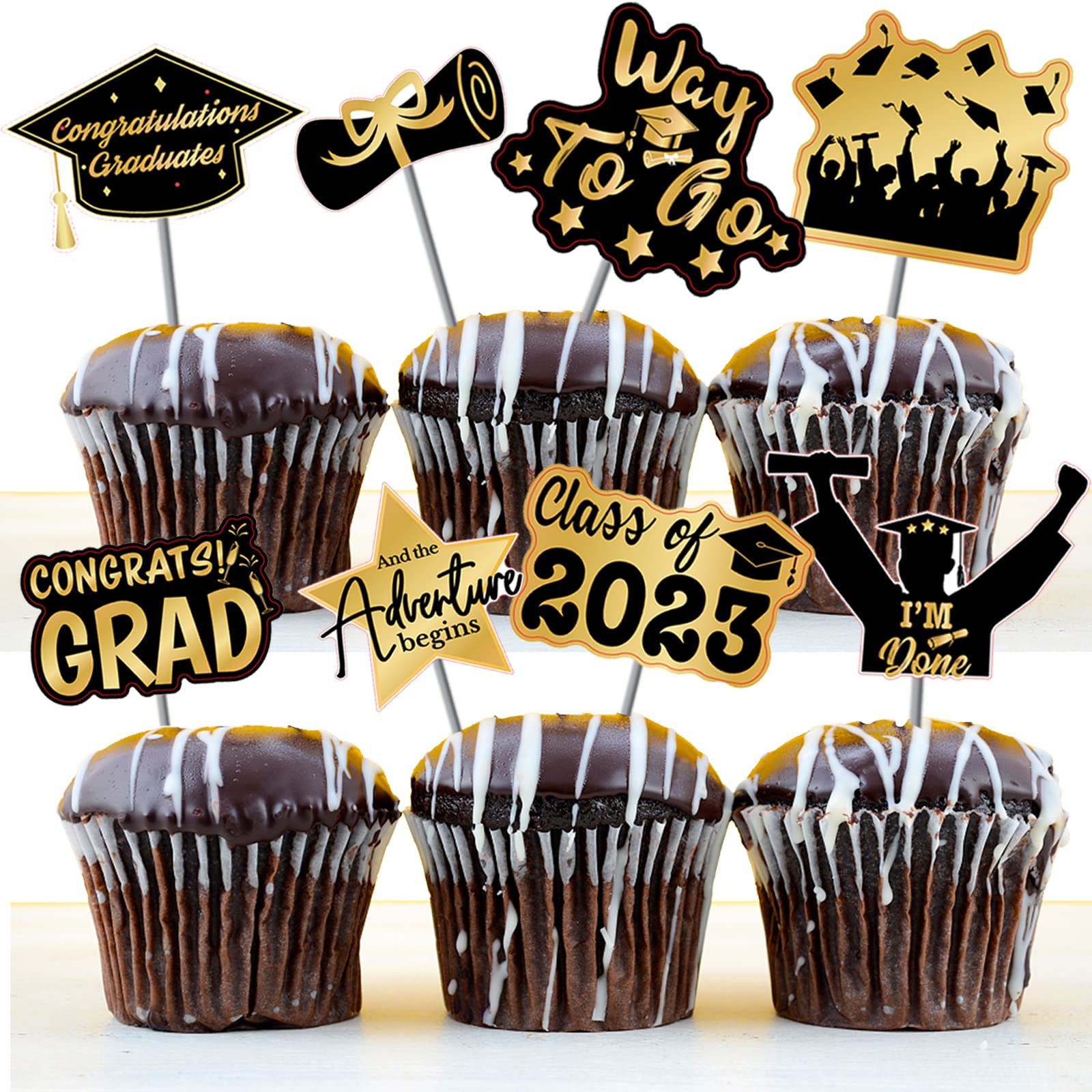 48pcs Graduation Cupcake Toppers Black Gold Grad Cap Diploma Cupcake Toppers Supplies for Graduation Class of 2023 Party Decorations 8 designs