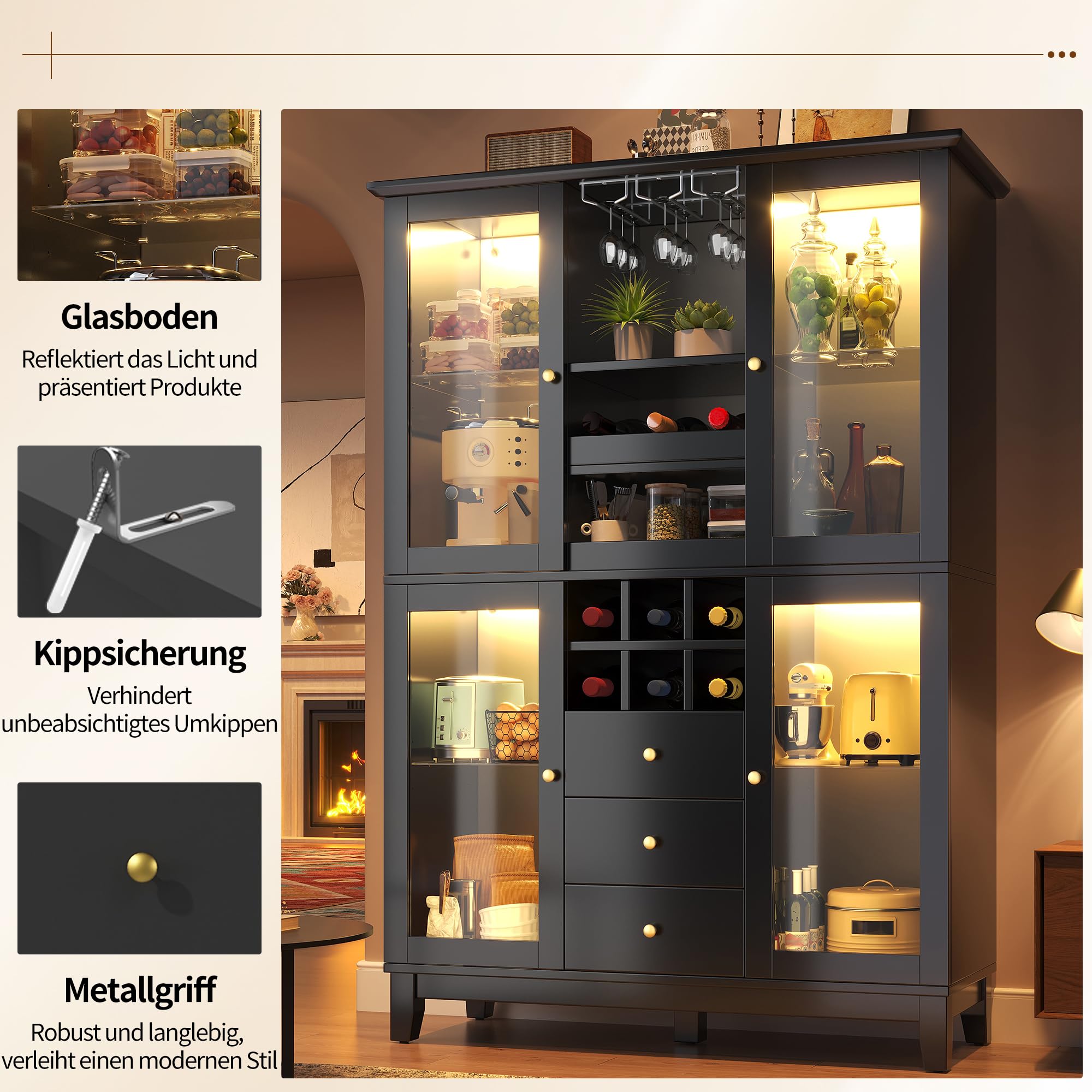 Weinschrank mit App-gesteuerter LED-Beleuchtung, 180,5x120x40 cm, Weinregal mit 3 Schubladen, Weinglas- & Flaschenhalter, Hausbar Weinbar, modernes Flaschenregal für Wohnzimmer & Esszimmer