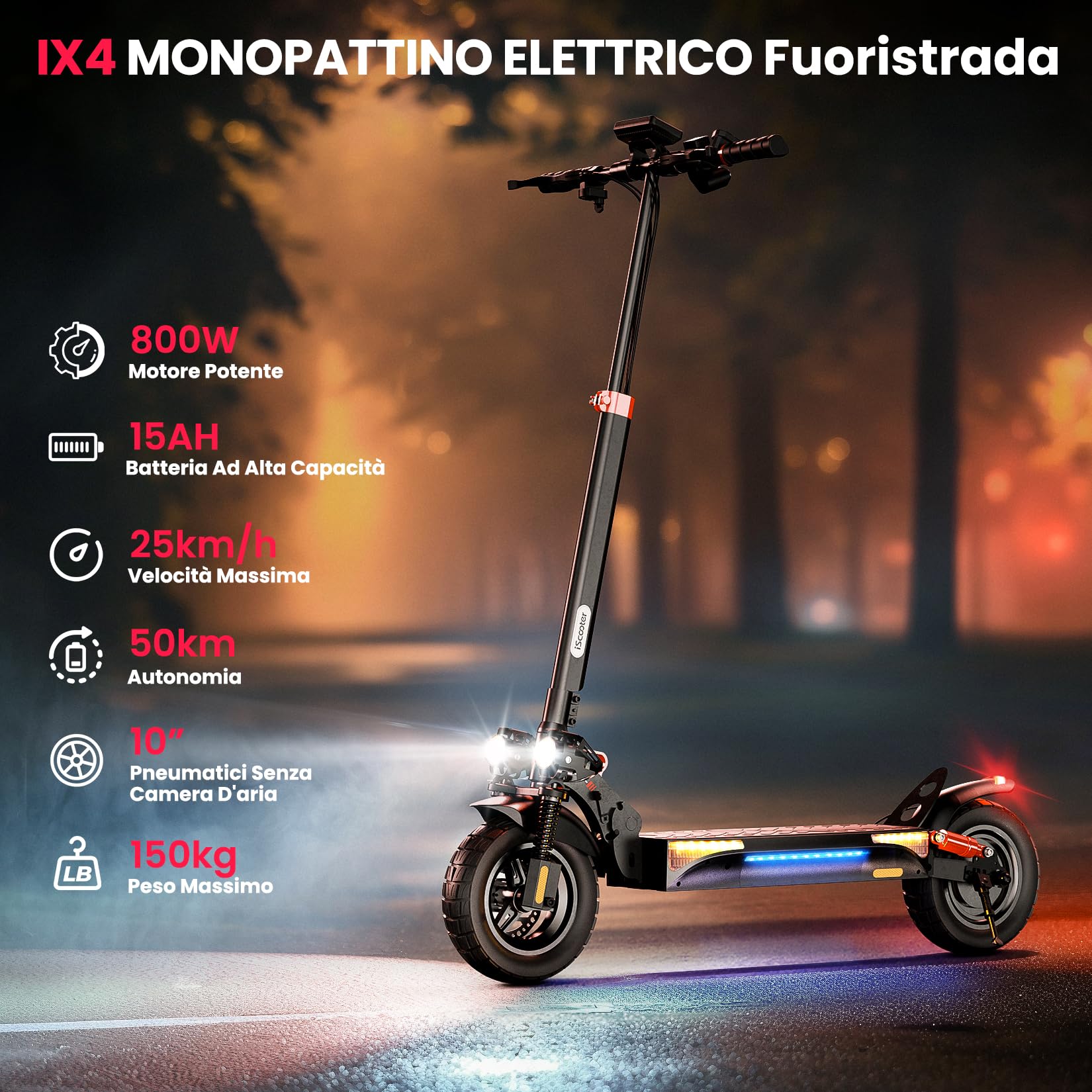 iScooter iX4 Monopattino Elettrico Adulto, Batteria da 15AH, Autonomia Massima di 50 KM, 10" Monopattino Elettrico Pieghevole, App, Carico 150 KG, Manubrio Regolabile, Sospensione Quadrupla