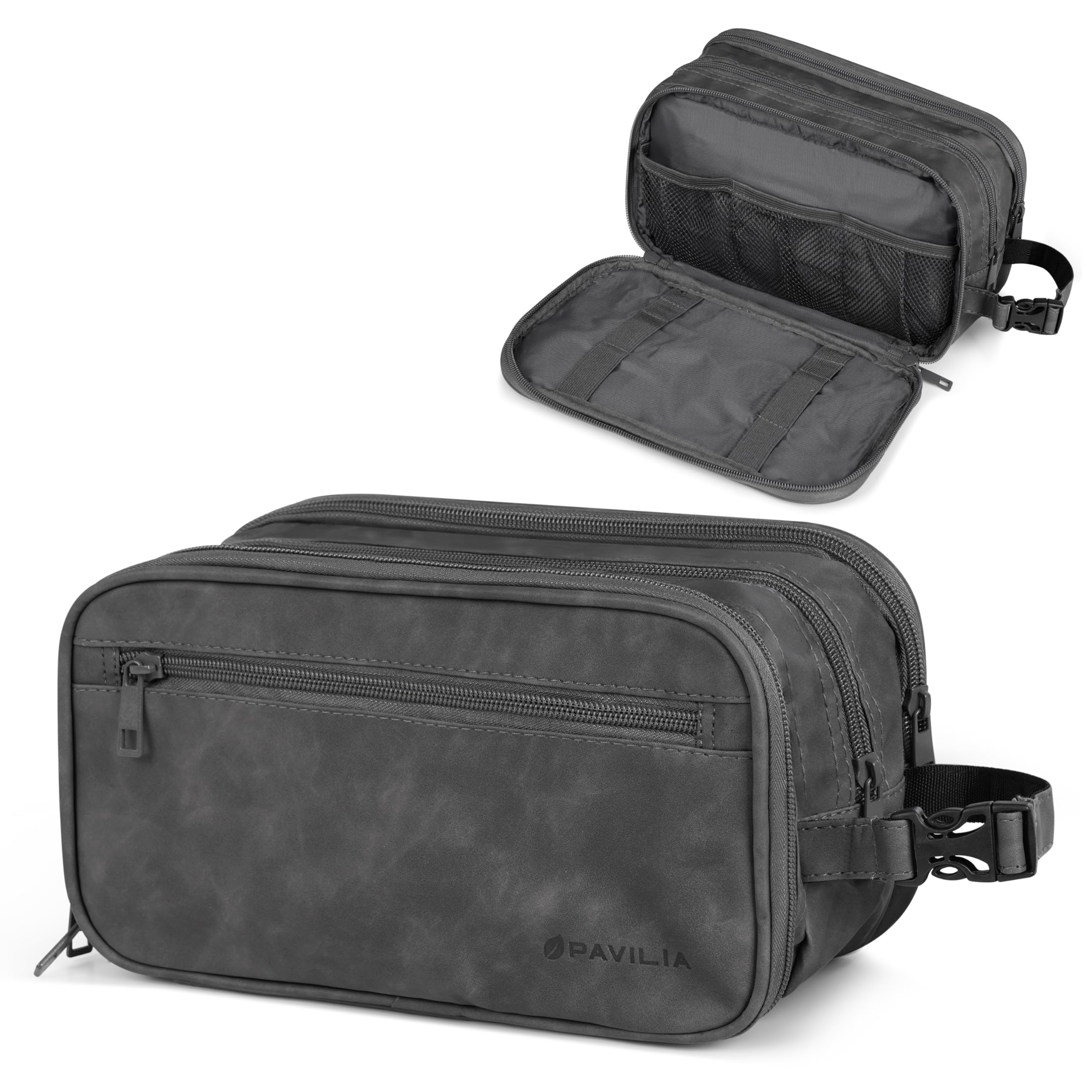 PAVILIA Kulturbeutel für Herren, Reiseutensilien, Dopp Kit, Kosmetik-Organizer, grau dunkel, Large (10.5x5.5x6), Kulturbeutel | Normale oder XL-Größe, mehrere Fächer, Reißverschlussöffnung, wasserabweisendes PU-Leder, Reise-Toilettenartikel-Schutz