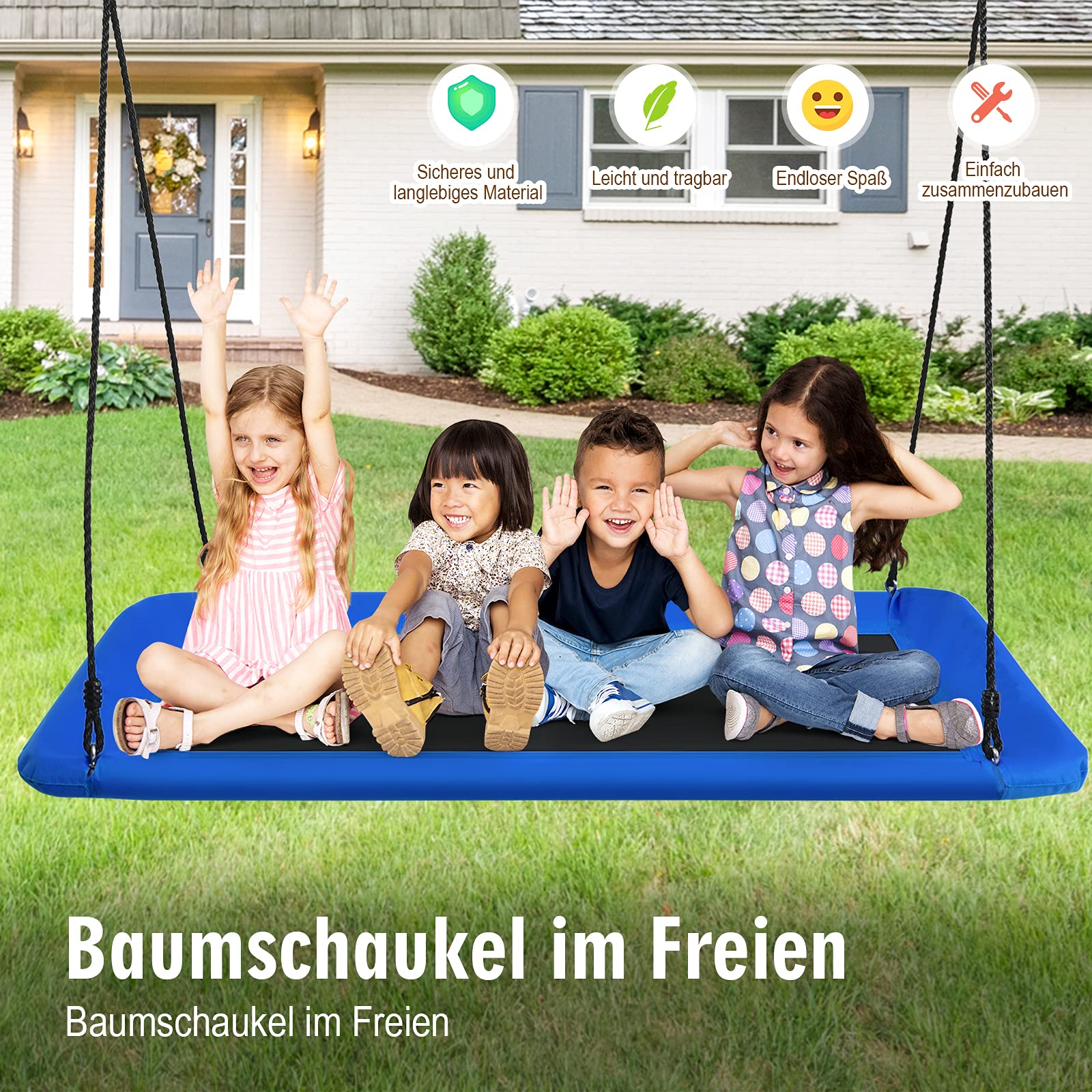 COSTWAY Nestschaukel eckig bis 150kg belastbar, 150 x 80 cm, Baumschaukel mit 100-180cm verstellbaren Seil, Mehrkindschaukel Kinderschaukel, Outdoor Gartenschaukel für Kinder & Erwachsene (Blau)