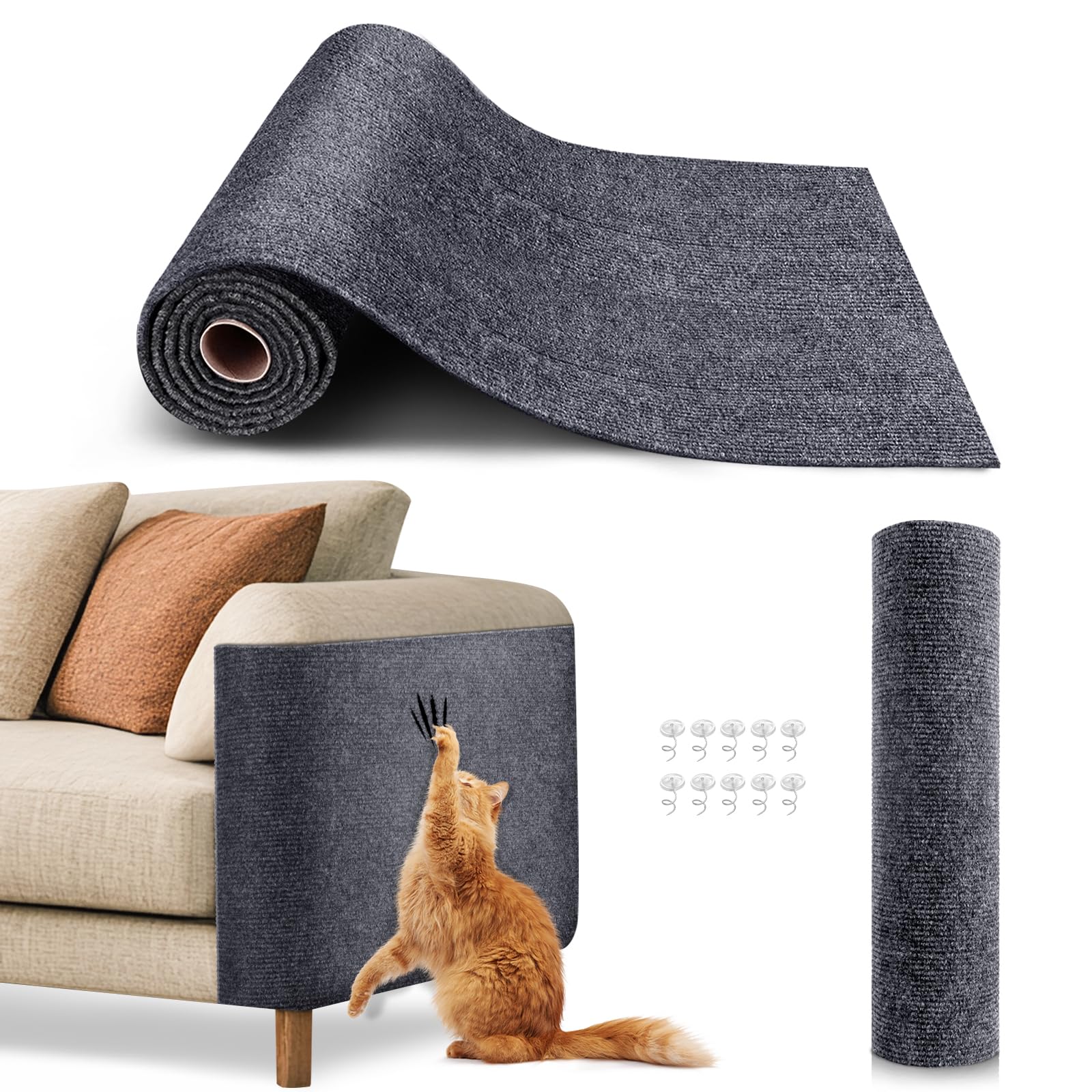 Cat Scratch Furniture Protector, Trimmable Self-Adhesive Carpet, DIY Climb Cat Scratcher Mat for Covering Cat Tower and Couch Protector from Cat Claws (39.4x15.8in Dark Gray)
