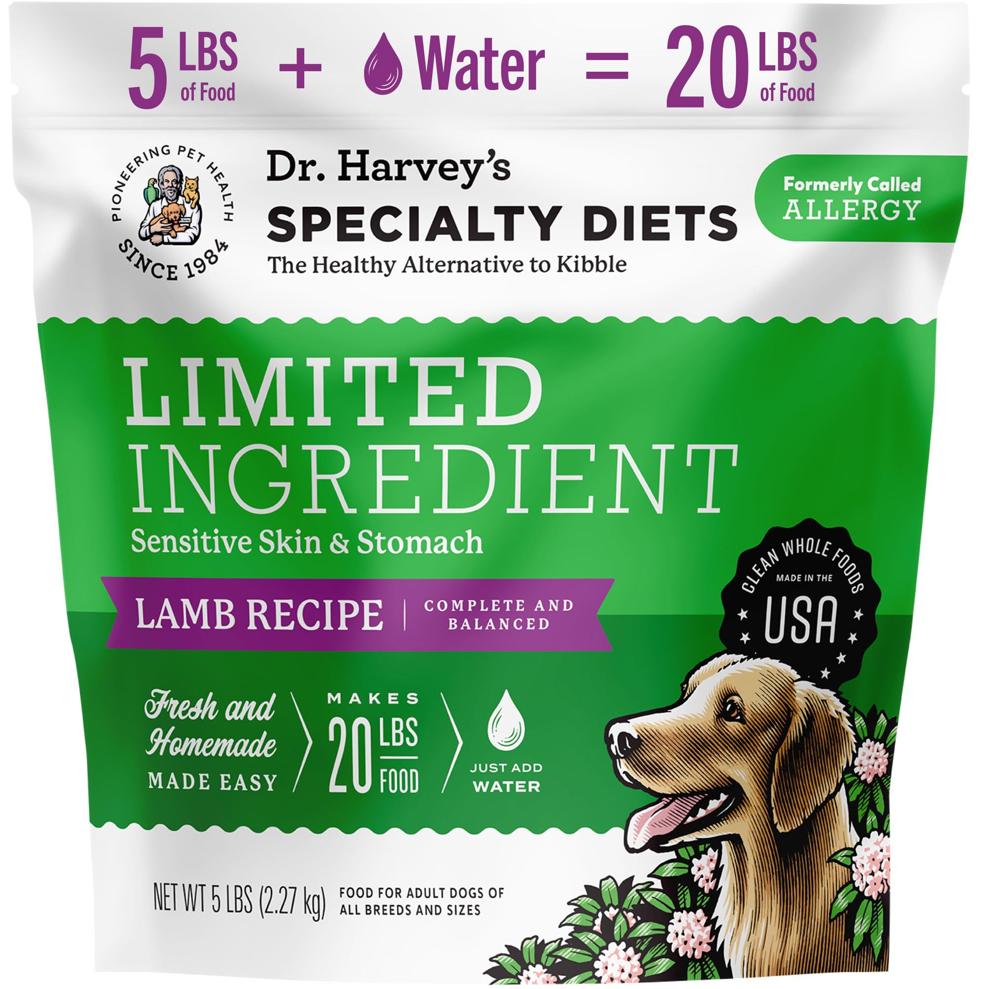 Dr. Harvey's Specialty Diet Limited Ingredient - Human Grade Dog Food for Dogs with Sensitivities - Lamb Recipe (5 Pounds)