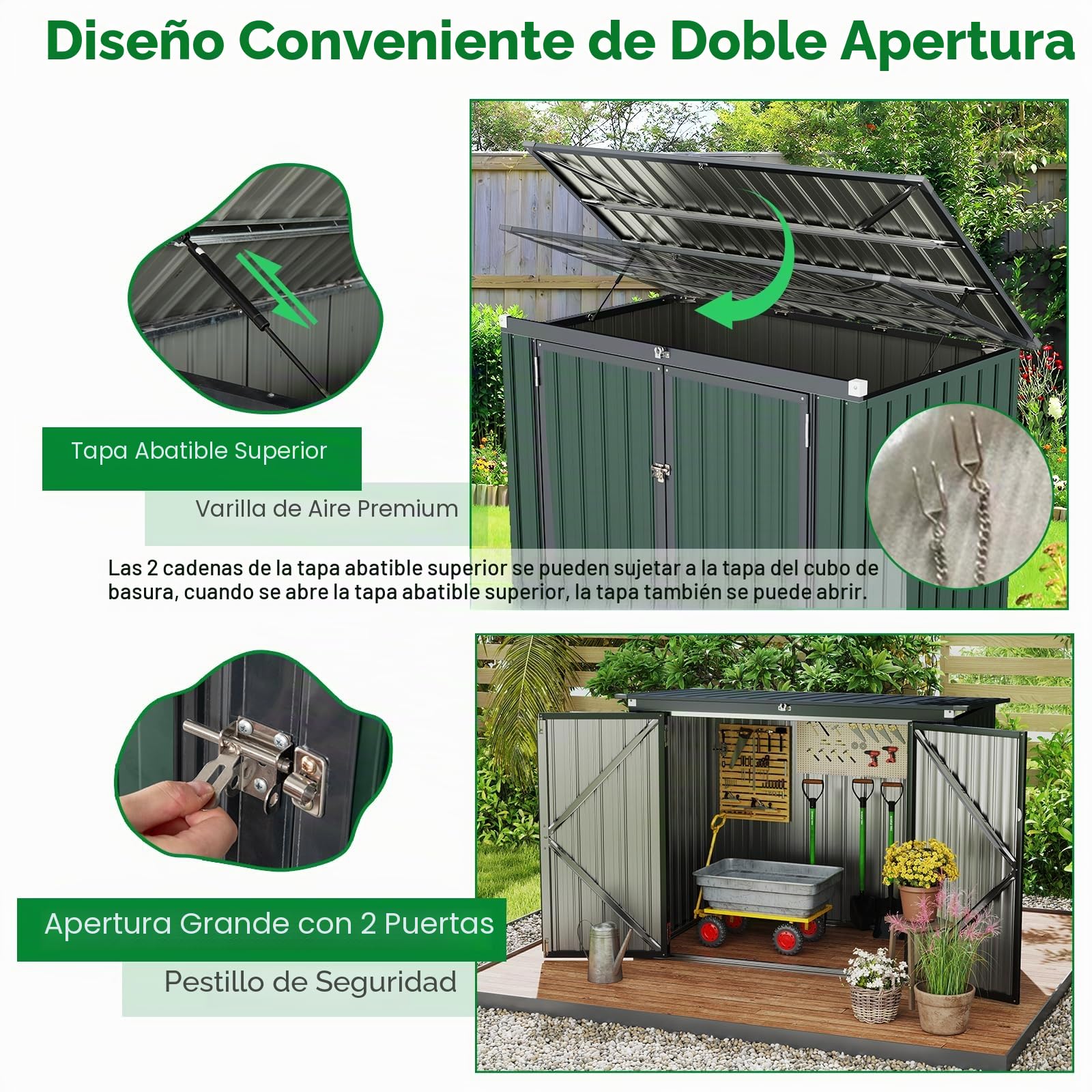 HOMASIS Cobertizo de Jardín, Caseta Metálica con Tapa Abatible de Exterior, Cobertizo de Herramientas con Doble Puerta, Alta Resistencia para Granja, Terraza, 172x101x130cm, Gris (Verde)