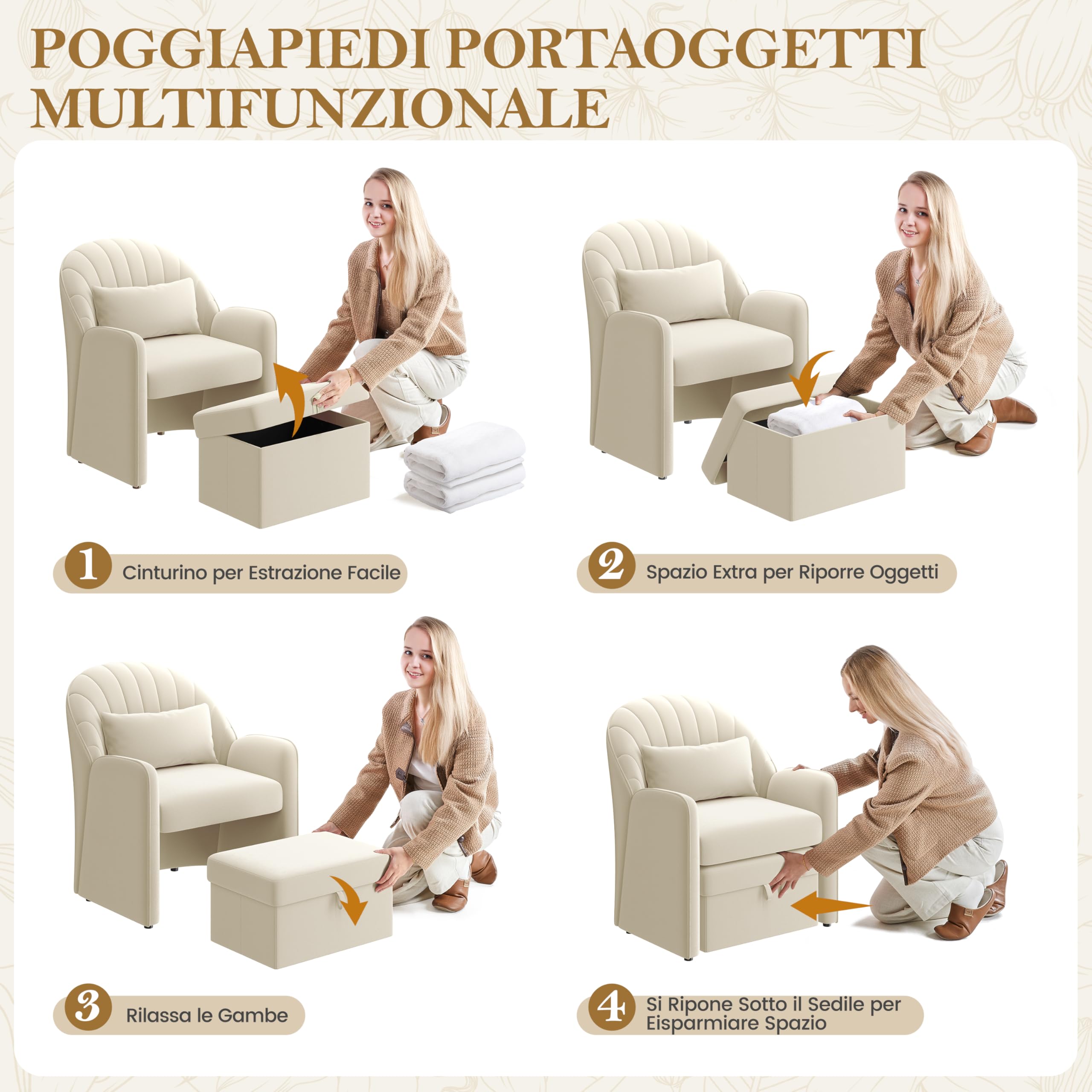 Yaheetech Piccola Poltrona Salotto Moderna Sedia Imbottita con Effetto Velluto con Poggiapiedi Contenitore e Cuscino Lombare Poltrocina Relax con Braccioli per Soggiorno Camera da Letto Lettura Beige