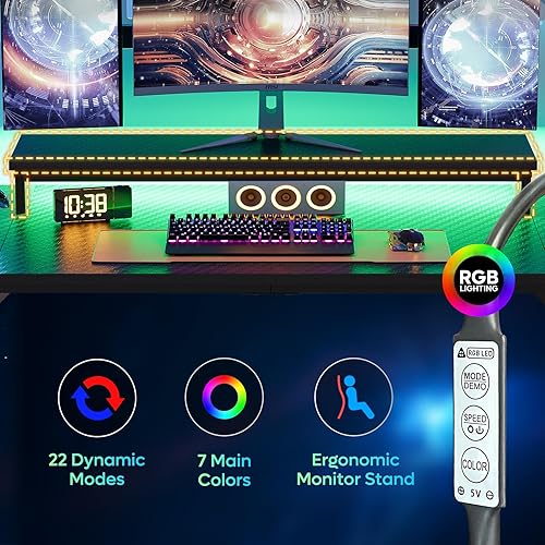 Miniatura 12 de Bestier Escritorio para juegos de 42 pulgadas con luces LED, mesa de juegos para computadora pequeña con estante para monitor, escritorio para Fibra