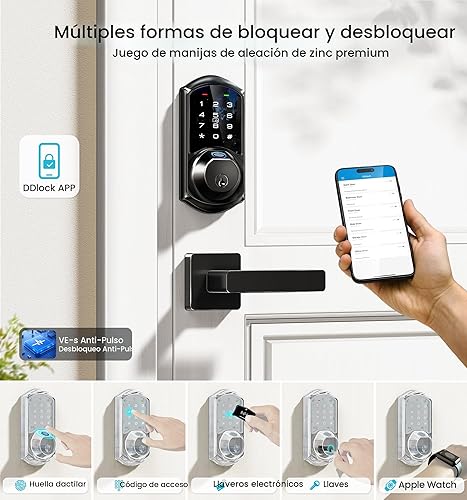 Miniatura 2 de Veise VE07-L - Cerraduras inteligentes de huellas dactilares para puerta delantera con juego de manija de aleación de zinc, control de aplicación,