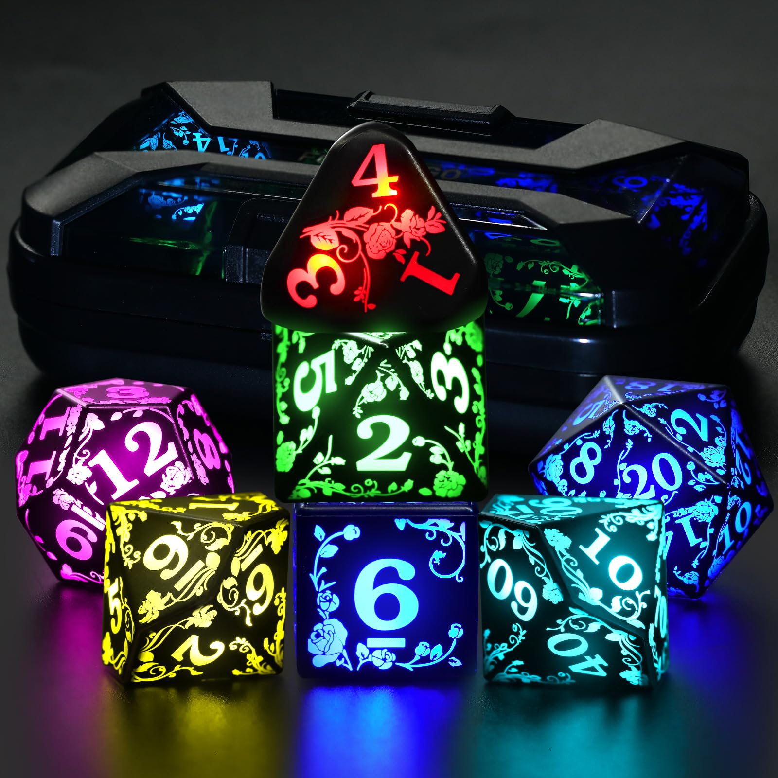 FONVGOGO Set di dadi LED luminosi wireless D&D ricaricabili per Dungeons and Dragons RGB DND dadi con scatola di ricarica, dadi poliedrici per giochi di ruolo in 7 colori, per regali DND RPG giochi da
