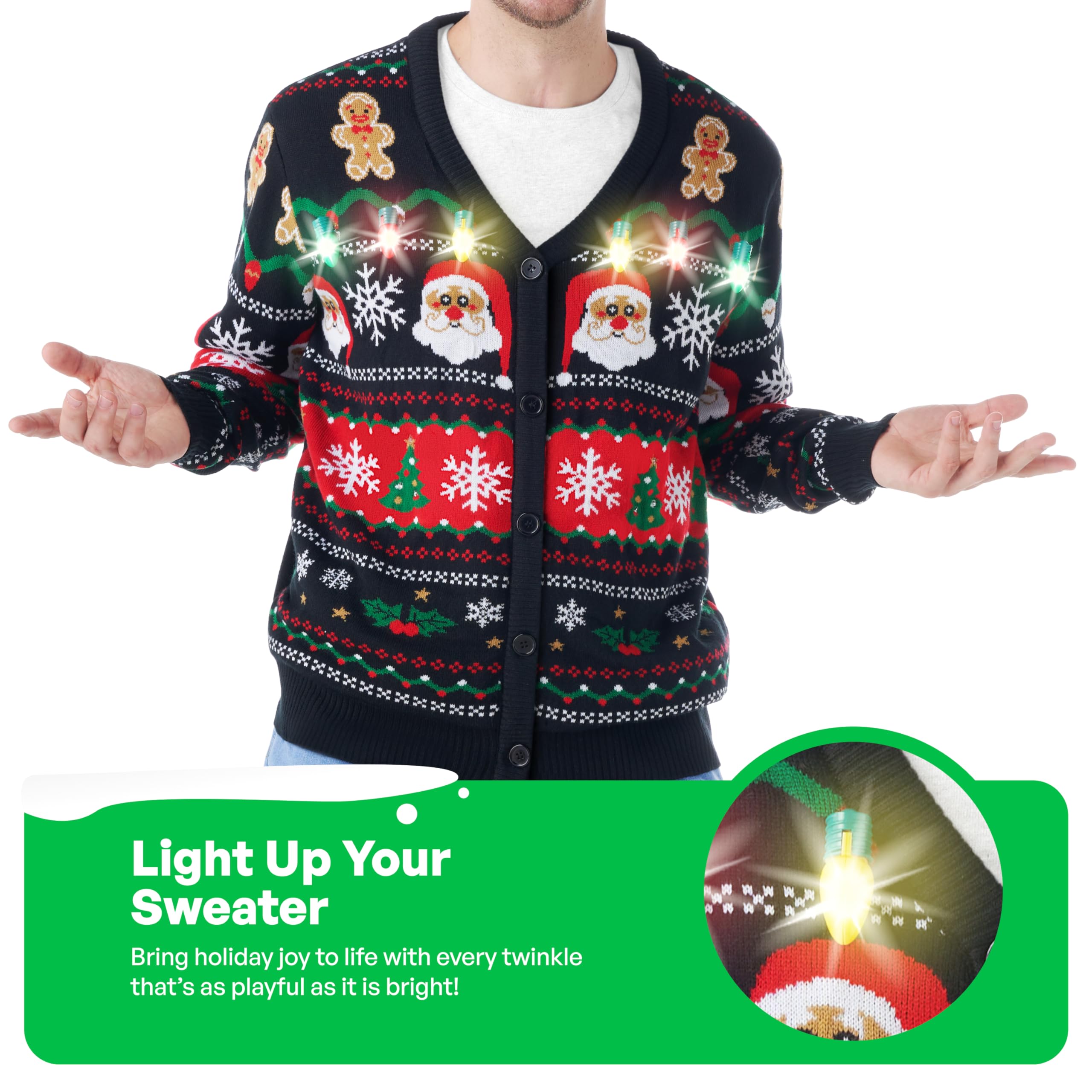 Giggling Getup Suéteres feos de Navidad para hombre, suéter feo divertido con luz para hombre, suéter cárdigan para hombre