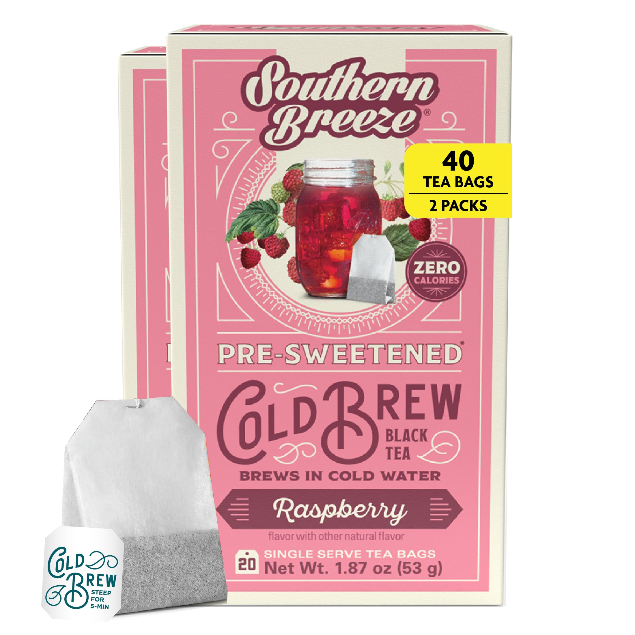 Southern Breeze Cold Brew Sweet Tea Raspberry Iced Tea with Black Tea and Zero Carbs Zero Sugar, 20 Individually Wrapped Tea Bags (Pack of 2) Southern