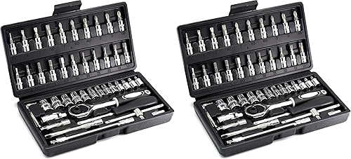 Miniatura 10 de Juego de 46 llaves de trinquete métricas de 14 pulgadas juego de llaves de trinquete métricas con enchufes CR-V de 4 a 0551in brocas S2 barras de