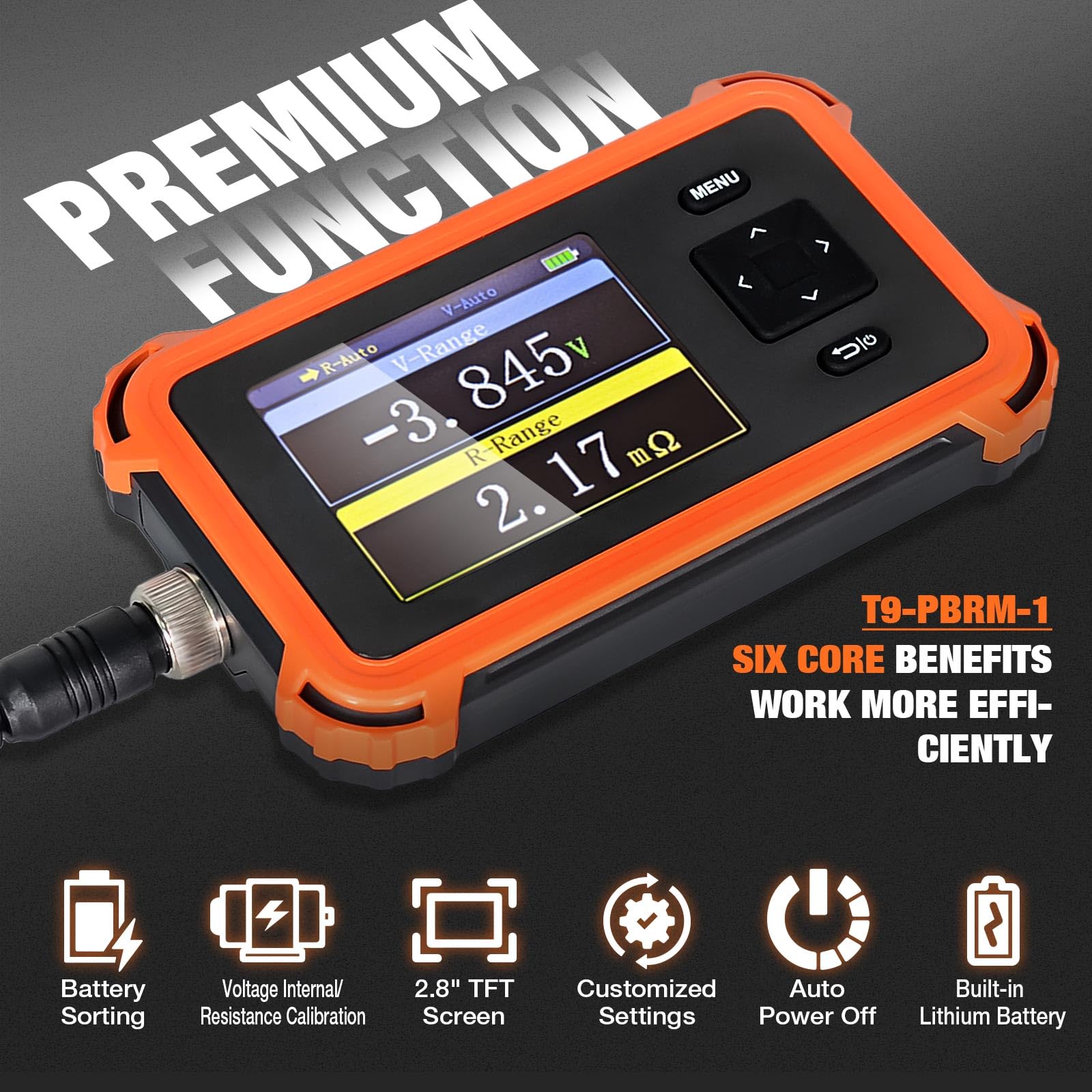 Batterie-Innenwiderstandsmessgerät PBRM-1 mit 4-Draht-Kelvin-Klemmen, 110 V, 100 Ω, 1 kHz Wechselstrom, Tragbares 2,8-Zoll-TFT-Display-Voltmeter, Sortiermodus für Haushalts-/Autobatterietester