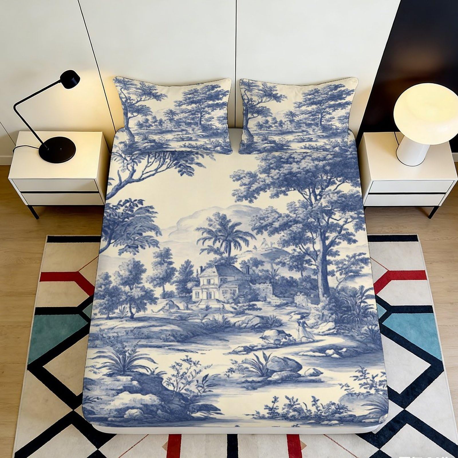 3D Printed Vintage Landscape Fitted Sheet Microfiber Elegant Blue Pastoral Bed Cover for Bedroom Guest Room Decor 90x200x25cm