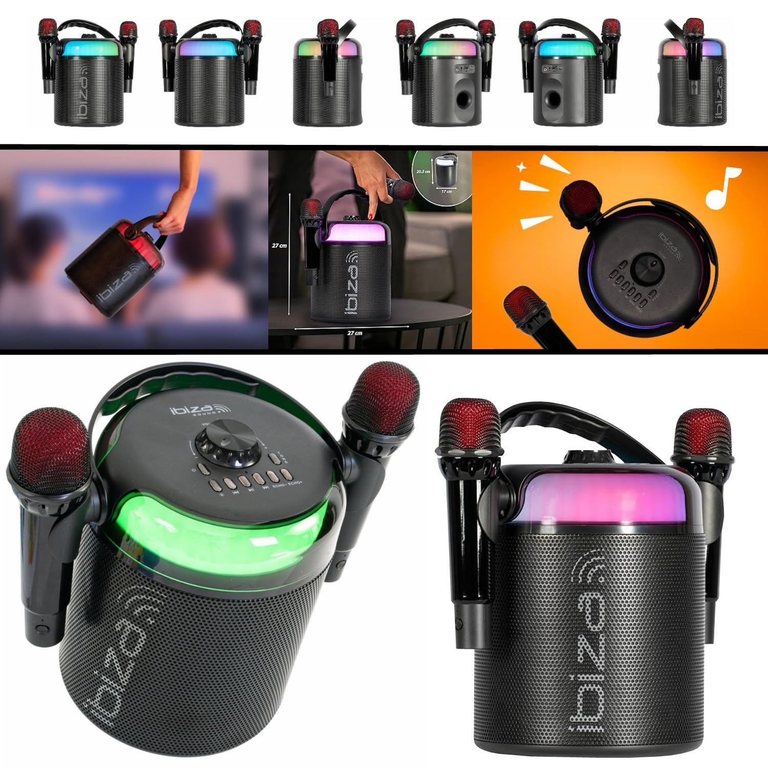 Ibiza - Pack Karaoké Enceinte Bluetooth Autonome Portable Ibiza Sound KARAHOME-BK 120W USB 2 Micros sans Fil - Effet Lumière Party-ASTRO6