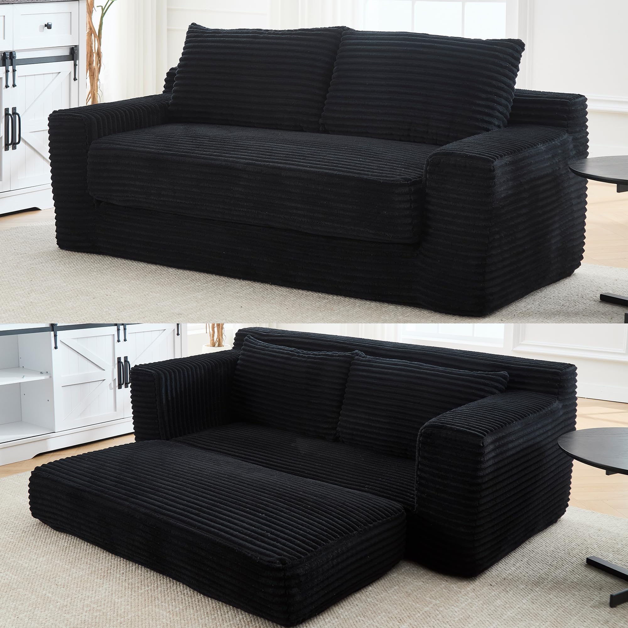 GNIXUU 71 Corduroy Cloud Loveseat Sofa 2 in 1 Convertible Black Boneless Sleeper Sofa with Fixed-Shape Frame Comfy