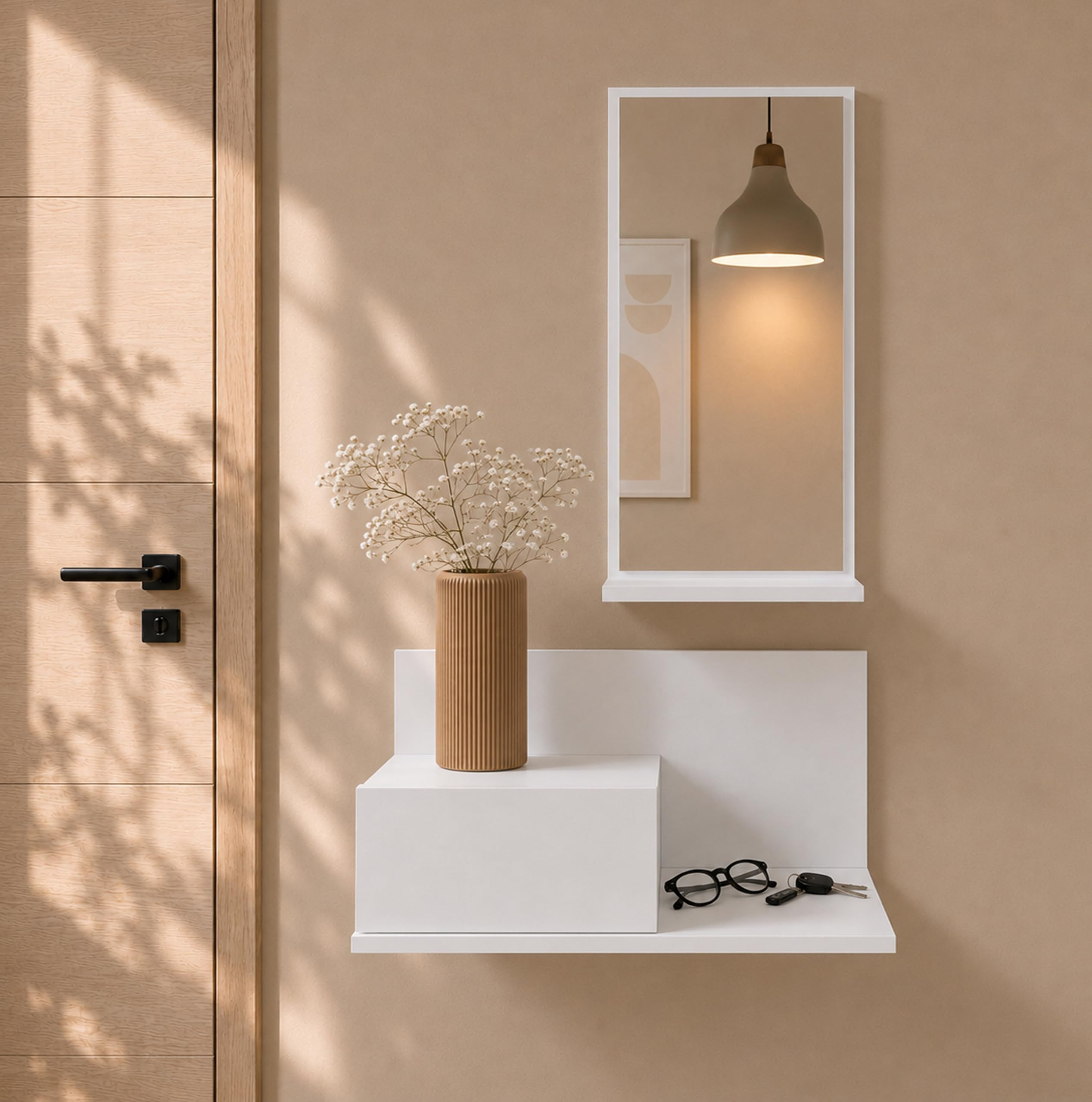 MB Muebles Bonitos | Meuble d’Entrée Mural Isabela avec Miroir et Tiroir | Design Moderne Ssuspendu | Mélamine Mate | Couleur Blanc | 60x29.5x30 cm