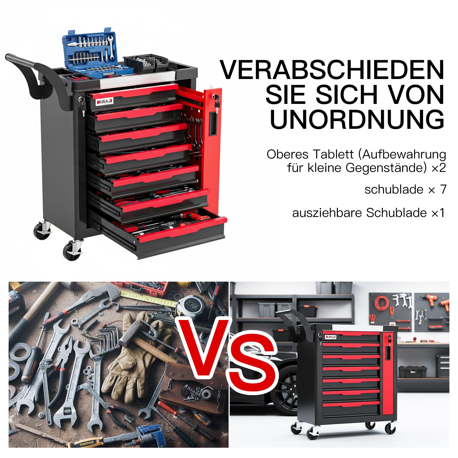 AIRAJ Werkstattwagen,7-Schubladen-Großraum- Werkzeugwagen,multifunktionaler Rollcontainer Mobile Werkstattwagen,geeignet für Garagen, Lagerhäuser,Werkstätten, Reparaturwerkstätten und ähnliche Orte