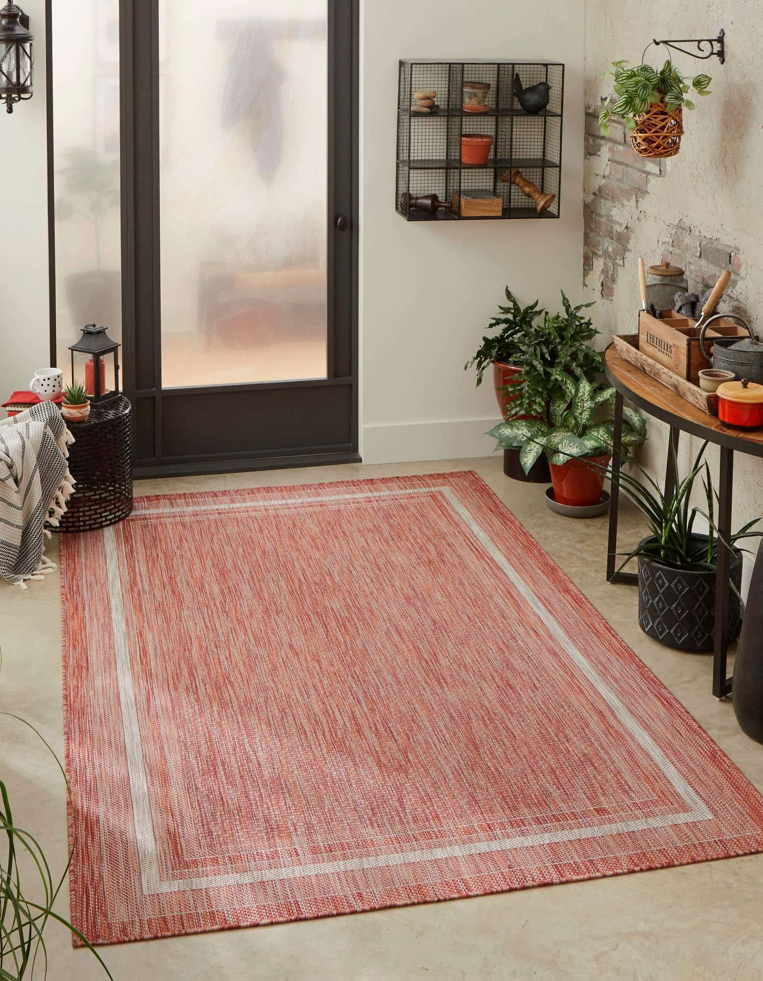 Unique Loom Outdoor Border Collection Area Rug - Soft Border (2' x 3' 1" Rectangle, Rust Red/ Ivory)