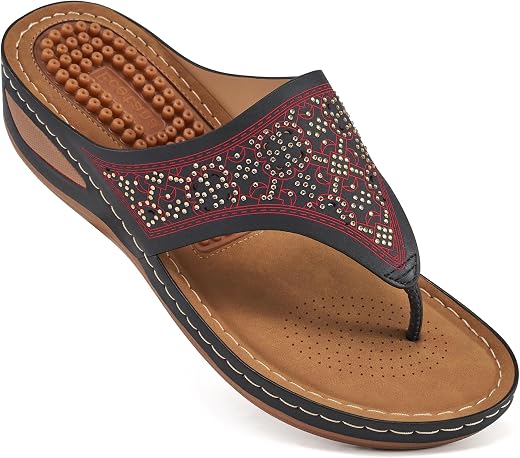 Ecetana Womens Sandals Flip Flops for Women with Arch Support Cushion Summer Casual Rhinestone Wedge sandal Shoes