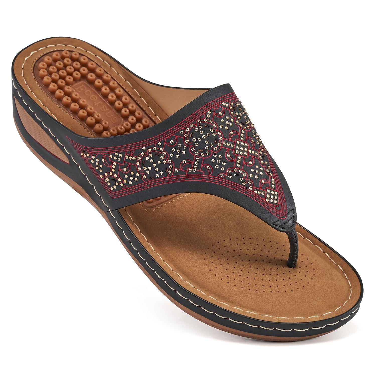 Ecetana Womens Sandals Flip Flops for Women with Arch Support Cushion Summer Casual Rhinestone Wedge sandal Shoes