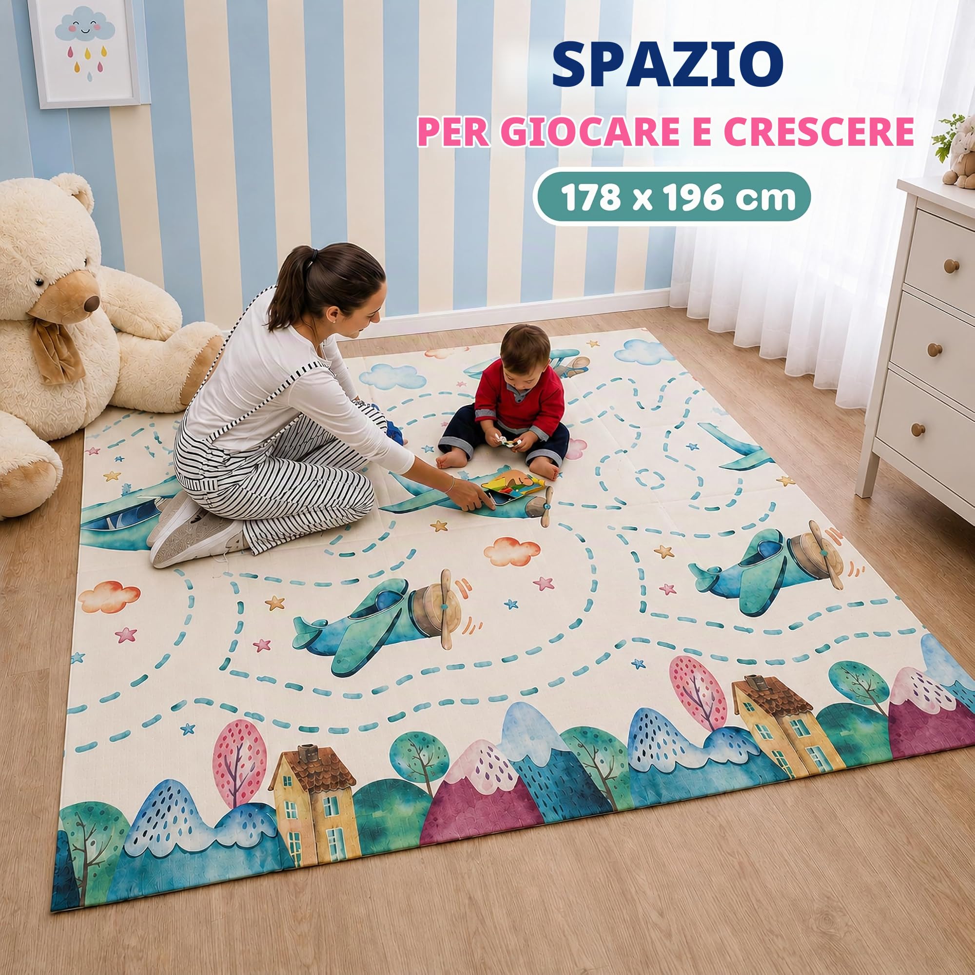 Tappeto Gioco per Bambini Pieghevole e Reversibile | Grande e Sicuro 178x196 cm XPE Non Tossico Certificato CE/ASTM | Educativo Evolutivo Decorativo Facile da Pulire