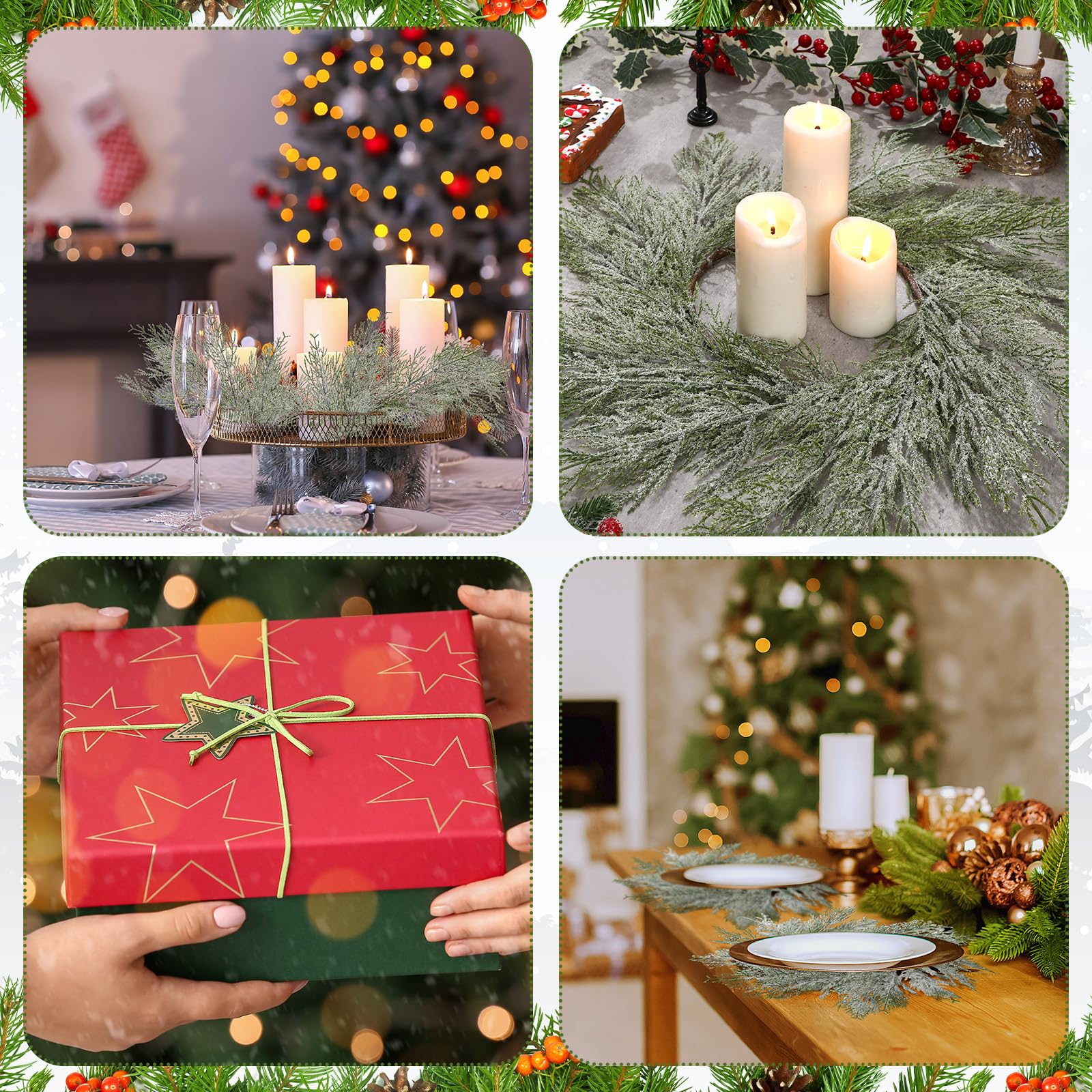 Lot de 12 sets de table ronds de Noël - Couronne artificielle circulaire - Décoration de table de salle à manger - Accessoires de cuisine (neige poudreuse)