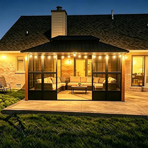 PURPLE LEAF Hardtop Gazebo Sunroom 10' x 15', Enclosed Patio Solarium with Mesh & Removable PC Panels, Magnetic Sliding Doors Outdoor Living Space for Backyard Lounge, Dining & Spa and 24 Solar Lights