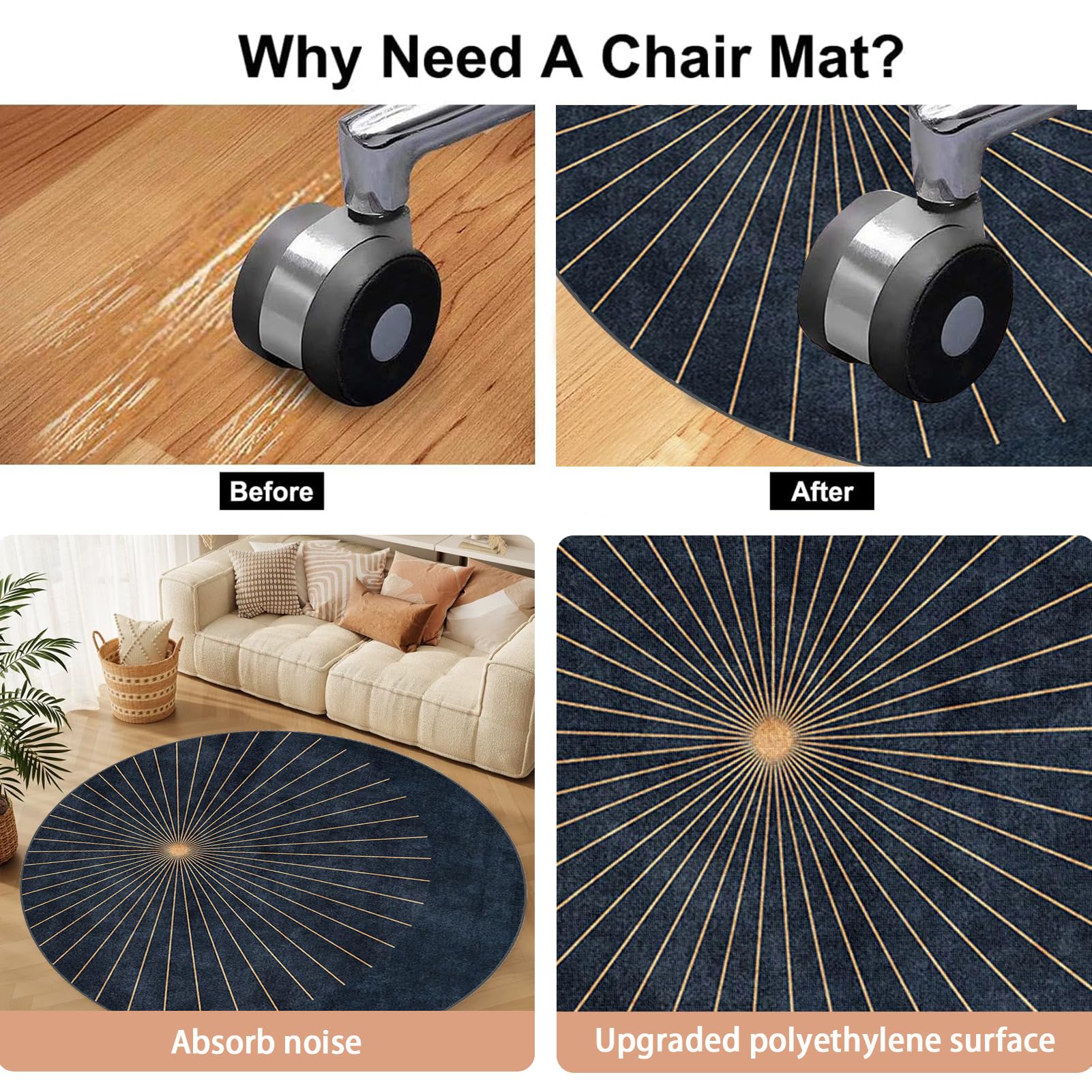 Ronde Tapis Protection de Sol, Tapis Chaise de Bureau, Tapis Gaming Sol pour Sols durs, Antidérapant Protège Sol sous Chaise pour stratifié, parquet, carrelage, Tapis pour Fauteuil 100 cm