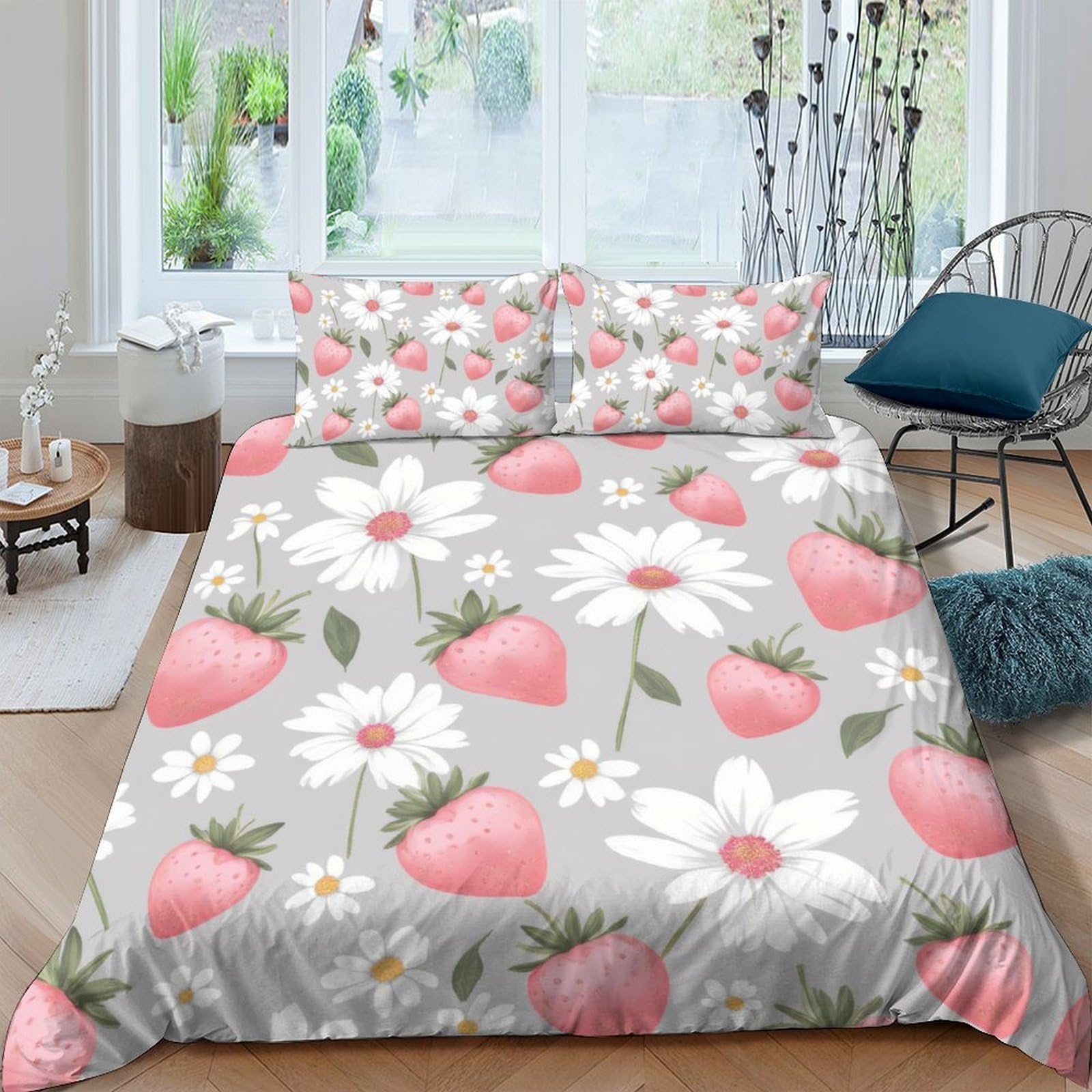 Ctjqhvkz Style-5 3D Printed Strawberry Daisy Fitted Sheet Microfiber Non Slip Bed Cover For Bedroom Guest Room Easy Care Single（135X200cm）