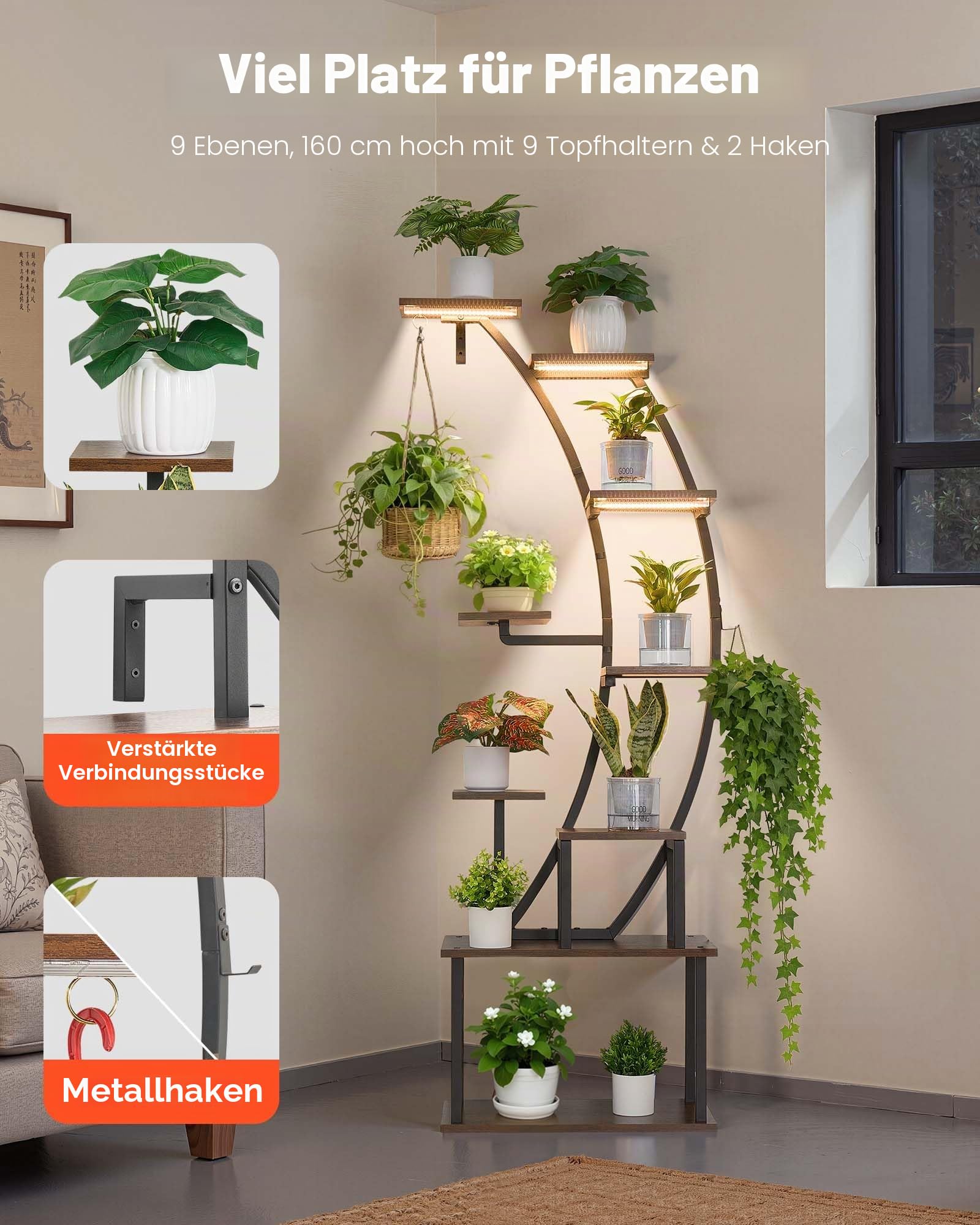 VEVOR Pflanzenständer mit Wachstumslicht, Blumentreppe mit 9 Ebenen, Blumenständer aus Metall, 3 Timer- & 10 Helligkeitsstufen, Blumenregal für die Dekoration von Wohnzimmer & Balkon, 62x28x160 cm