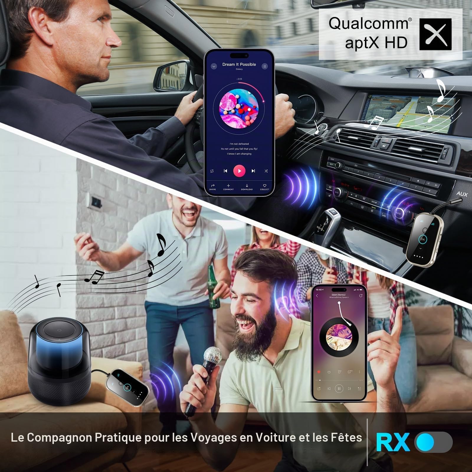 Adaptateur Bluetooth 5.4 Émetteur Récepteur, SINZONEu® 2-en-1 Audio sans Fil avec Double Lien, aptX HD pour Avion, TV, Voiture, Supporte 2 Casques Simultanément