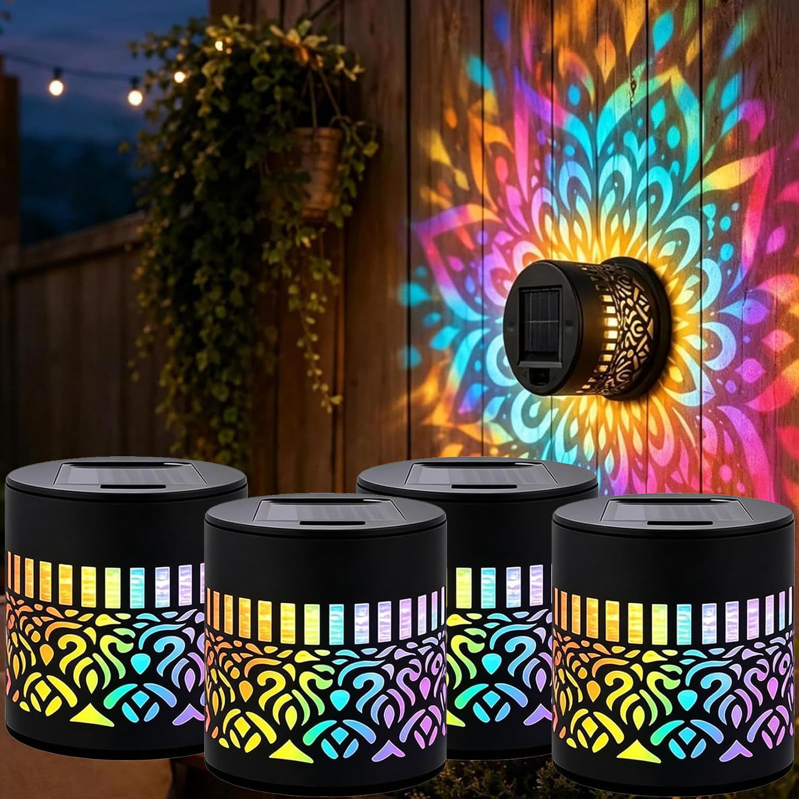 Solar Mandala Wall Lights Seven-Color Changing, Ip65 Waterproof Auto Mandala Solar Fence Lights, Decorative Outdoor Garden Fence Projector Lamp ，Colorful Light：4PCS