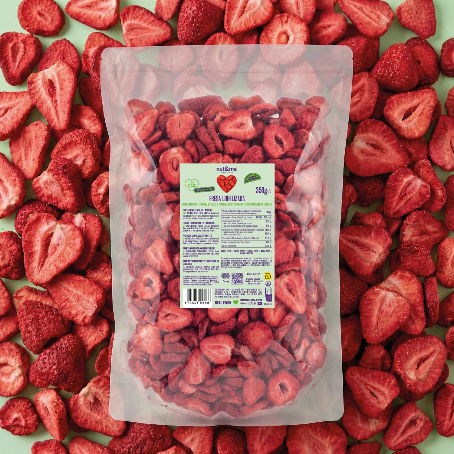 nut&me Fresa liofilizada en rodajas 350 gr | 100% Fresas naturales deshidratadas | Naturalmente dulces | Sin azúcares añadidos, aditivos, OGM y Gluten | Retenido de Vitaminas | Vegano