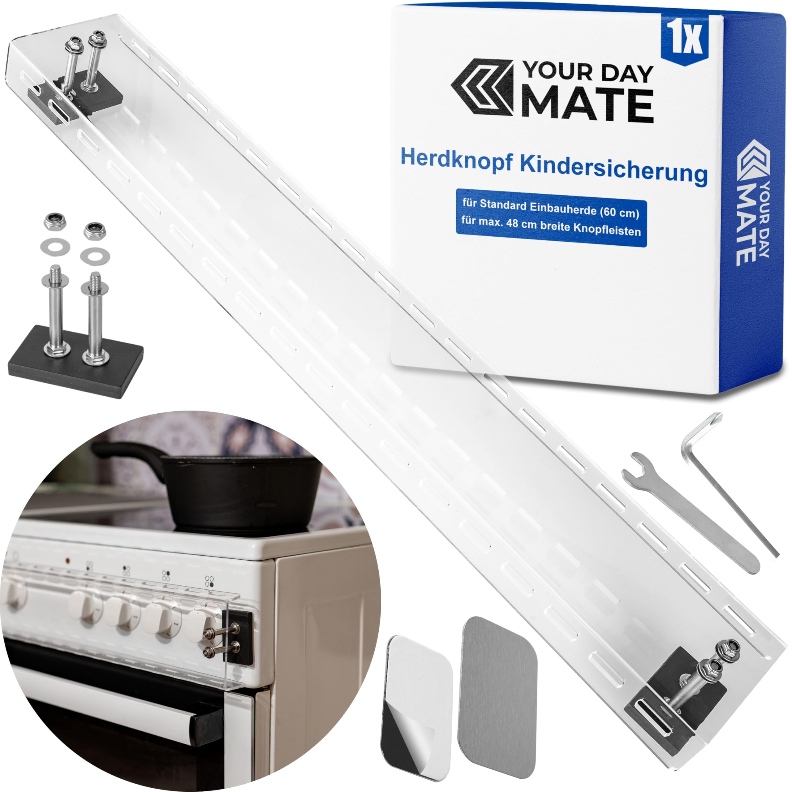 Herdknopf Kindersicherung, 1 Set, aus Acrylglas, in Transparent, Babysicherung mit Magnetbefestigung, Schutz für Standard Herde mit max. 48 cm breiter Schalterreihe, Herdknöpfe Schalter Abdeckung