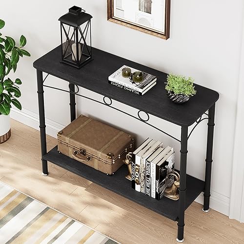 Miniatura 7 de IDEALHOUSE Nueva mesa consola 2024 mesa de sofá retro con almacenamiento, mesa de entrada de 2 niveles con MDF y metal, diseño elegante para sala de