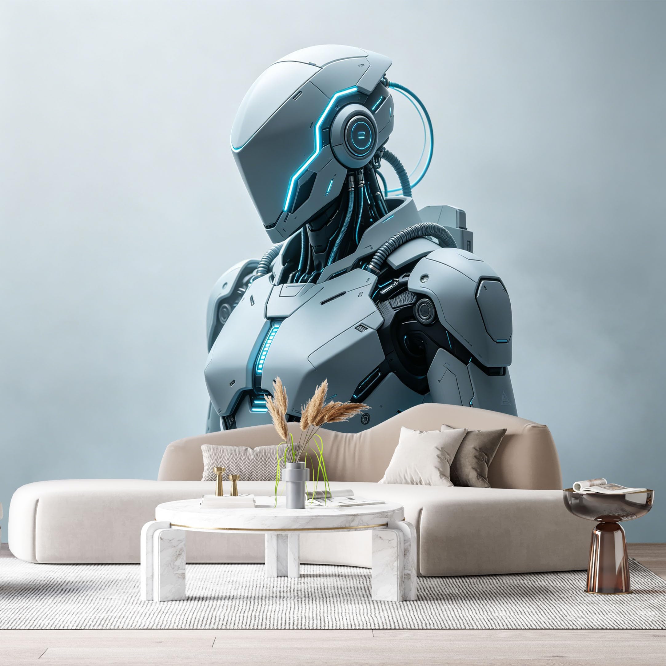 Custom Size Wall Mural Futuristic Humanoid Mech Robot neon SciFi Armor 3D Metallic Texture SelfAdhesive Art Prints Removable Large Wallpaper Esports Room Game Room Tenant Room Studio