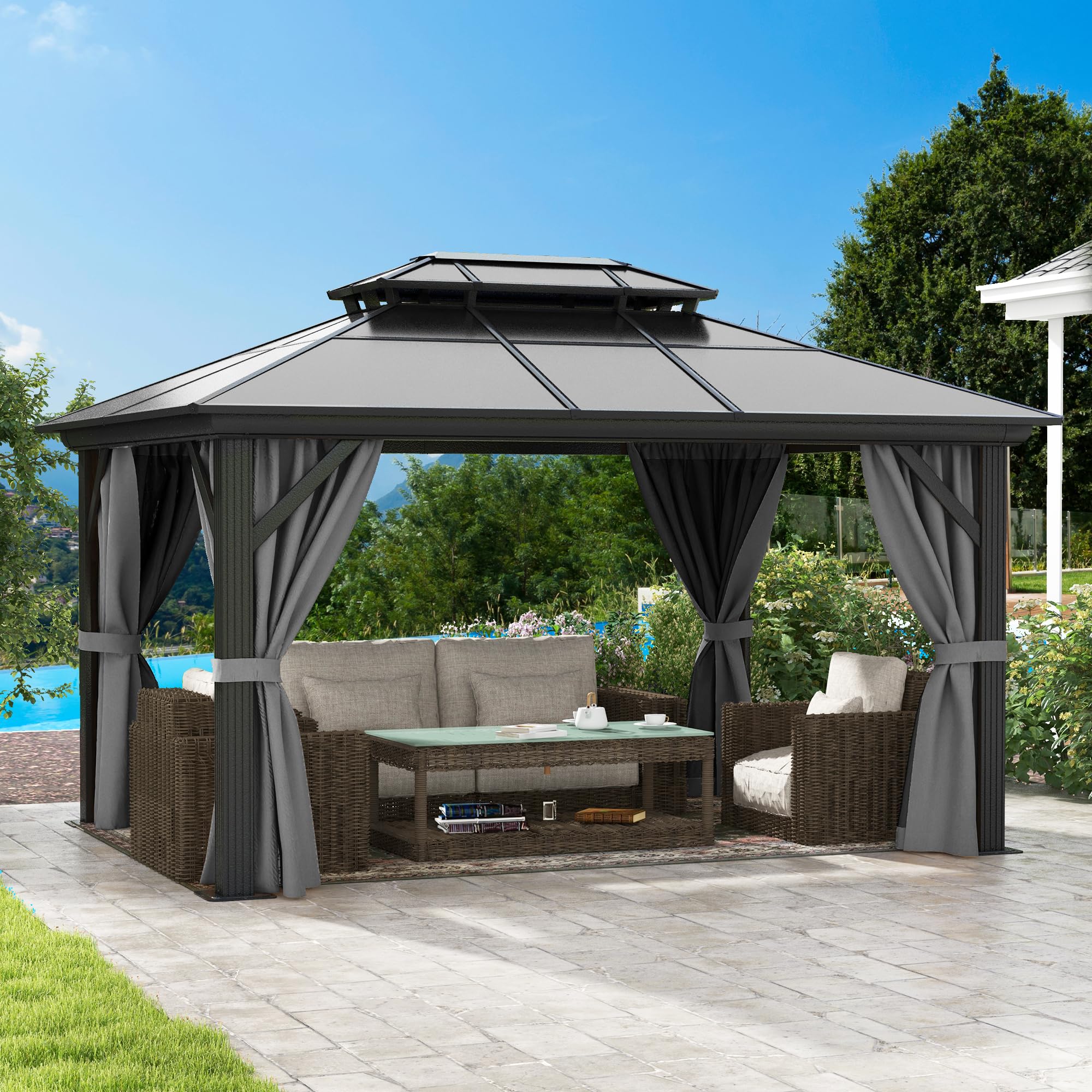 DWVO 10x12ft Hardtop Gazebo Double Roof Polycarbonate Canopy Outdoor with Netting and Shaded Curtains, Aluminum Frame Garden Tent for Patio, Backyard, Deck and Lawns, Gray
