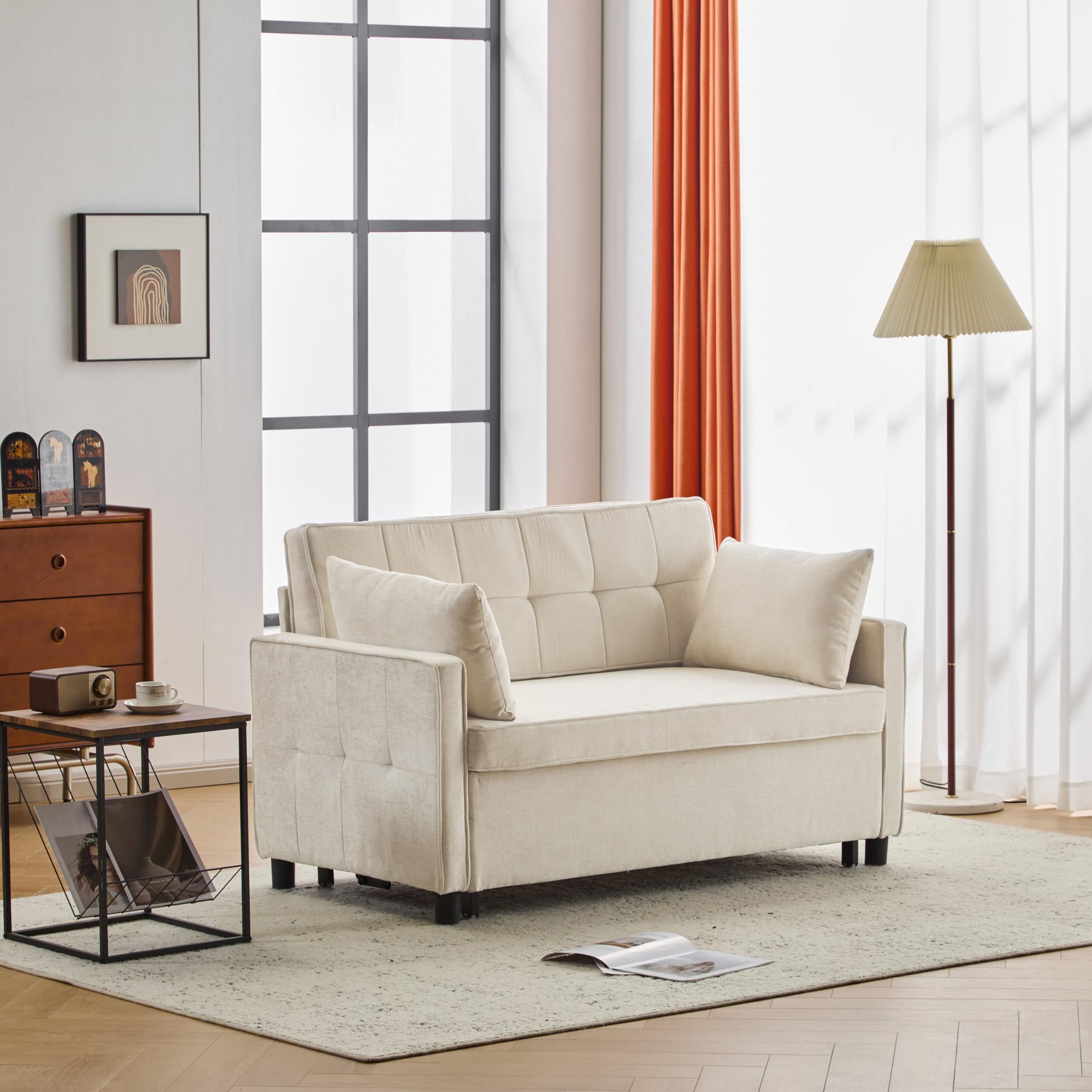 Divano a due posti, divano letto matrimoniale, schienale regolabile, tessuto di ciniglia, schiuma ad alta densità, divano da salotto (Beige)