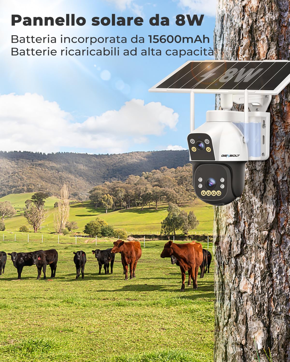 GENBOLT 4G AOV Solare Telecamera Esterno Senza Fili di Sicurezza Esterni, Registrazione 7/24 3MP+3MP IP Videocamera Sorveglianza con Rilevamento AI a SIM Card, CCTV Camera Batteria 8W 15600mAh