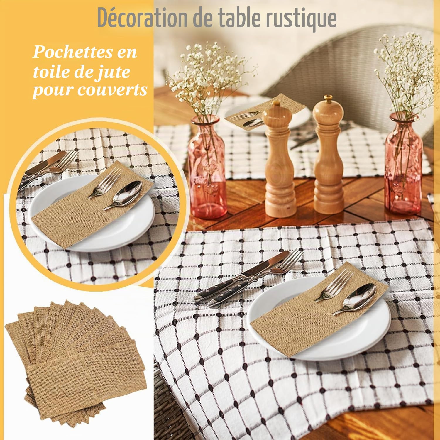 FQTANJU Lot de 50 porte-ustensiles et pochette à couverts en toile de jute naturelle, pour serviettes de table et décoration