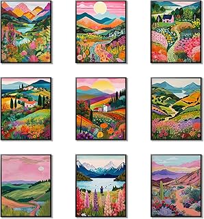 Plant Floral Landscape Wall Art Set of 9, Colorful Abstract Nature Lands...
