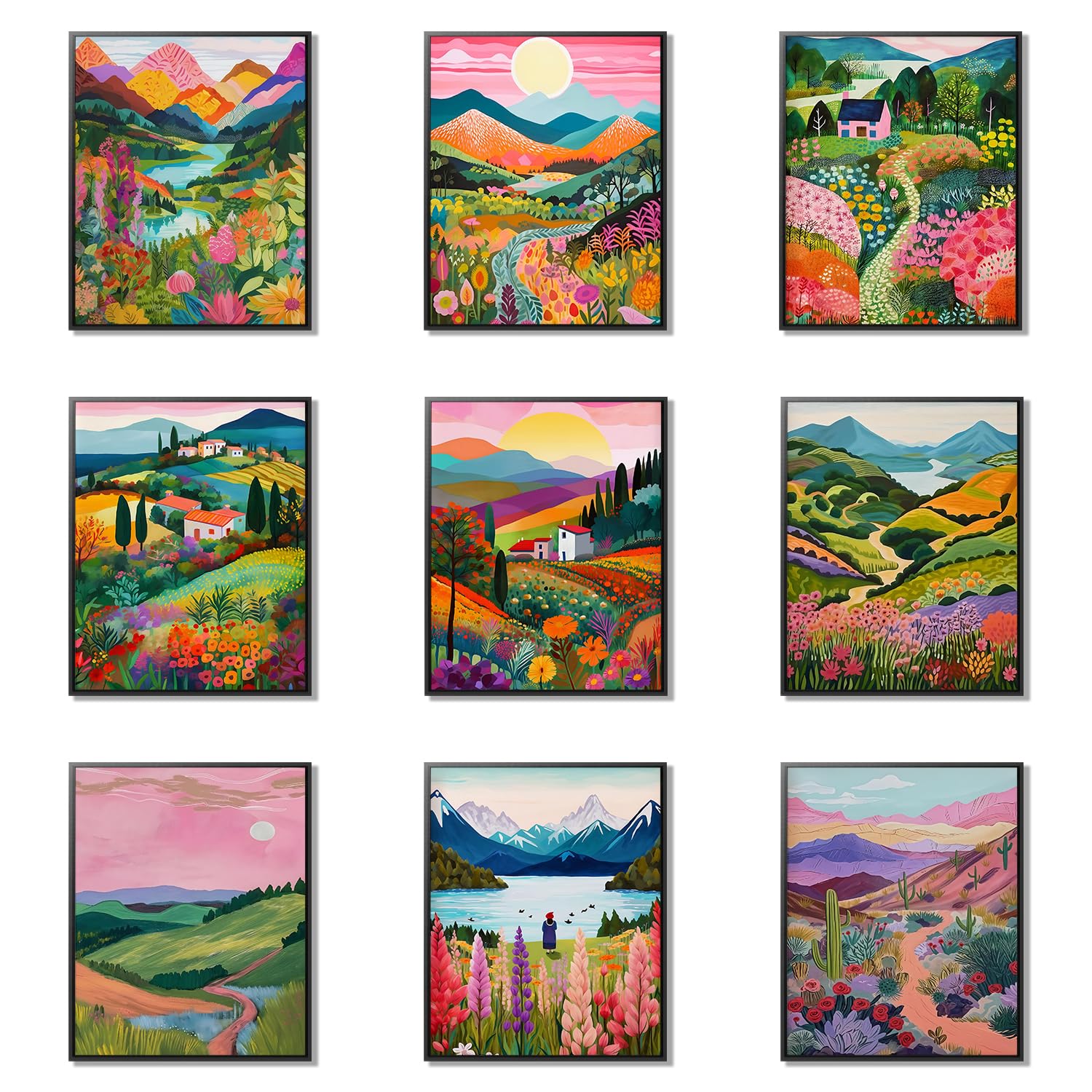 Plant Floral Landscape Wall Art Set of 9, Colorful Abstract Nature Landscape Posters Wall Decor, Boho Canvas Artwork for Living Room Dining Room Bedroom Bathroo