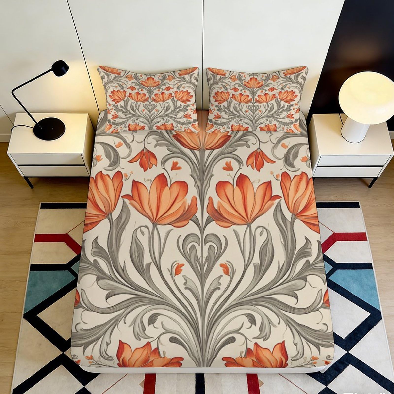 3D Printed Orange Tulip Flower Fitted Sheet Microfiber Soft Anti-Slip Mattress Cover for Bedroom Dorm Decoration 140x200x25cm