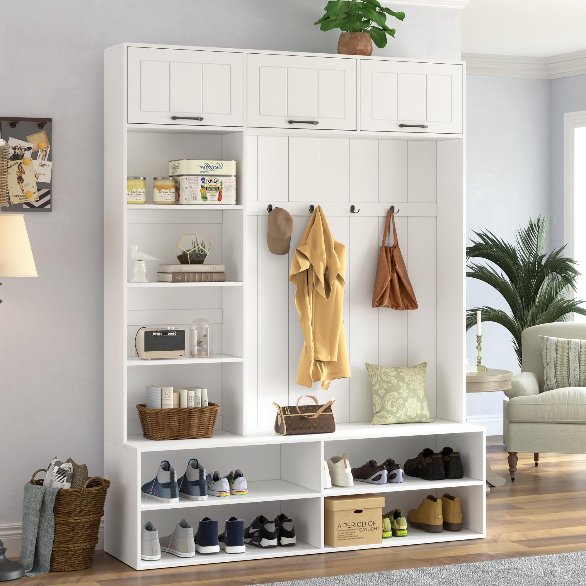 5-in-1 Hall Tree with Bench, Entryway Storage Organizer Cabinet, White